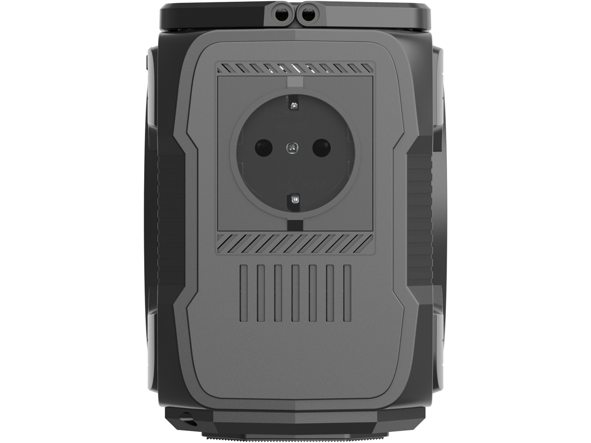 Zbliżenie tyłu czarnej stacji zasilania z gniazdem.