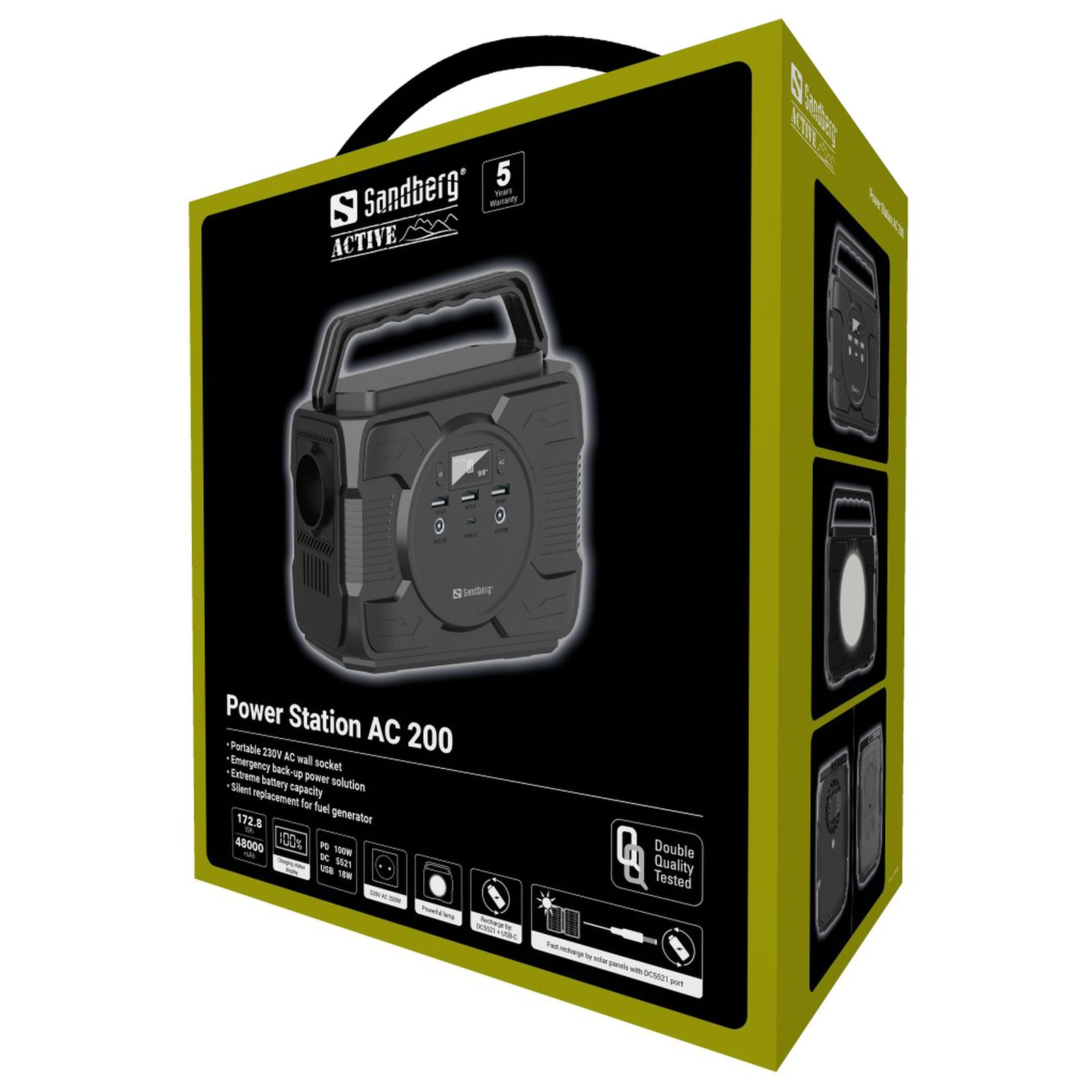 Pudełko z ilustracją czarnej stacji zasilania, tekst: Power Station AC 200, Sandberg Active.
