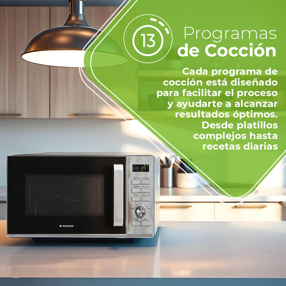 Horno microondas sobre una encimera. Texto indica 13 programas de cocina. Microondas plateado y negro.