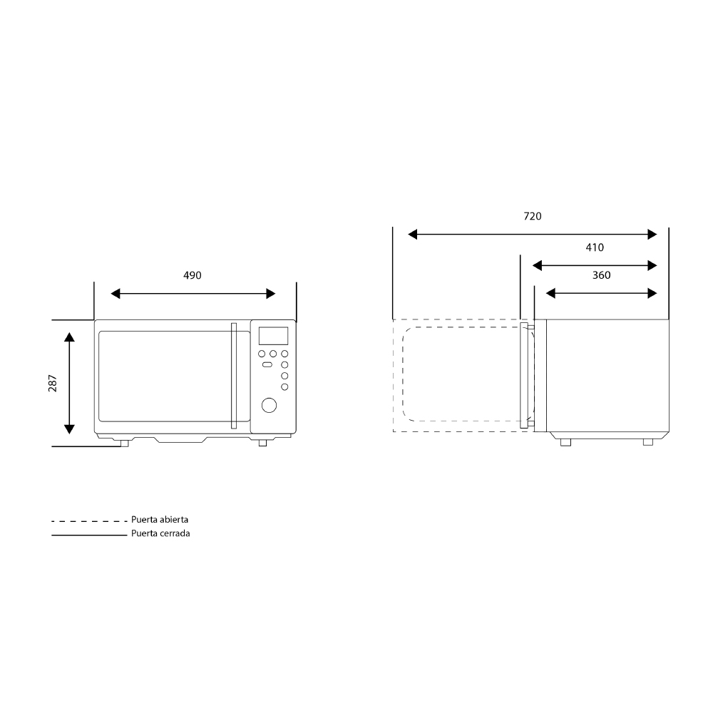 Diagrama de microondas con dimensiones e indicadores de puerta abierta/cerrada.