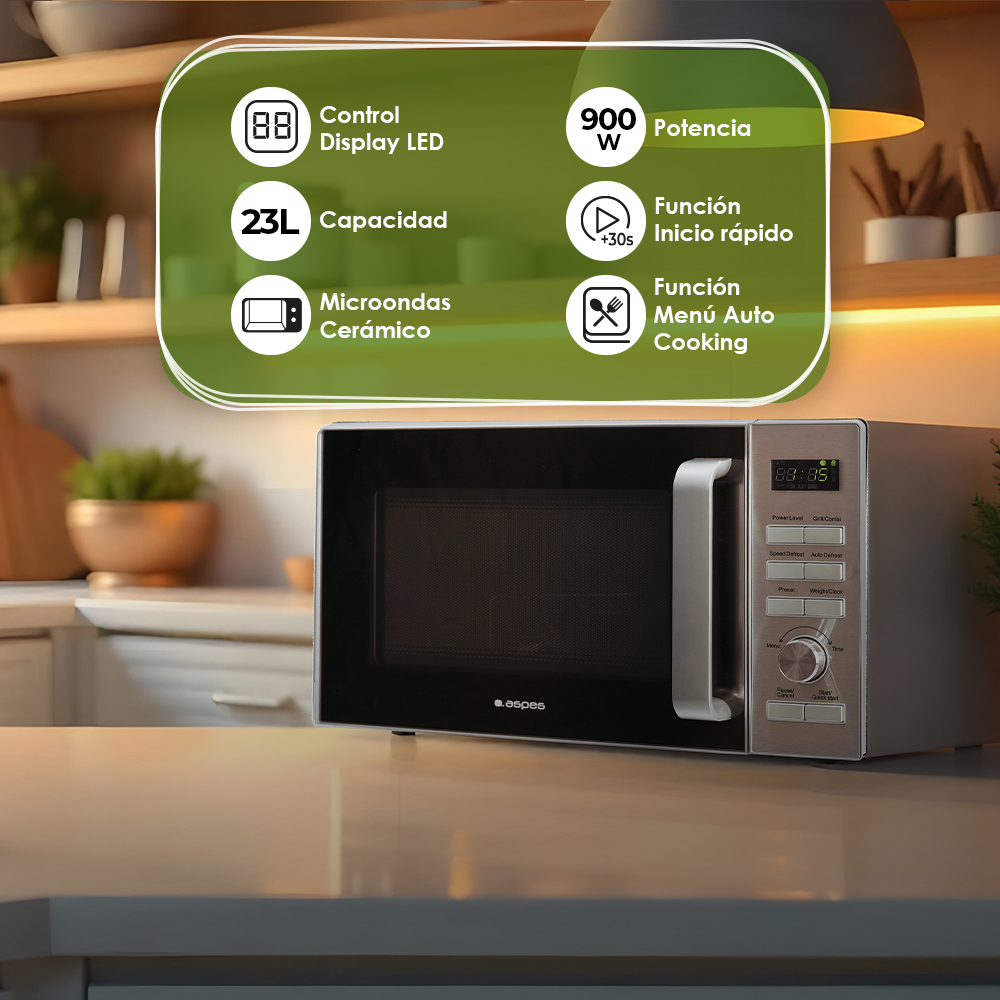 Horno microondas plateado y negro. Características: pantalla, 900W potencia, 23L capacidad y cocción automática.