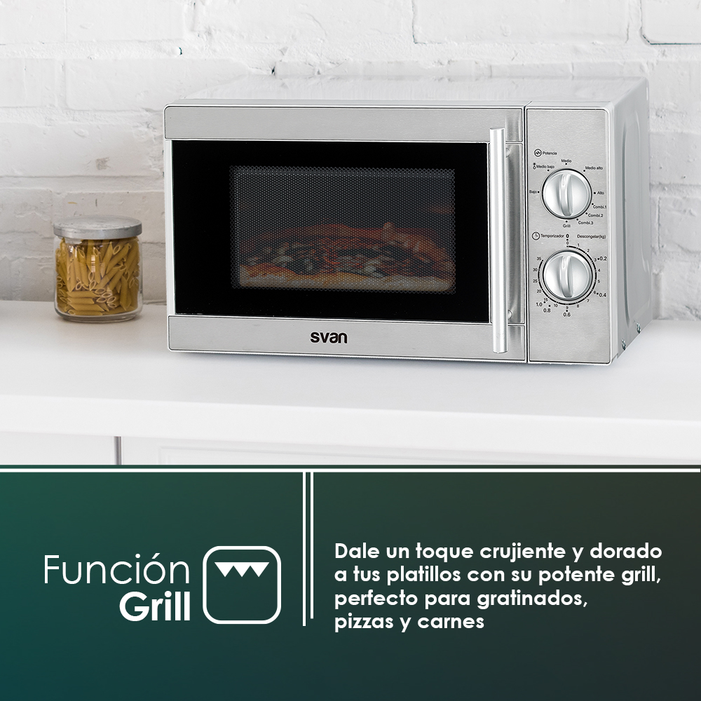 Srebrna kuchenka mikrofalowa na białej powierzchni z tekstem i ikoną funkcji grill.