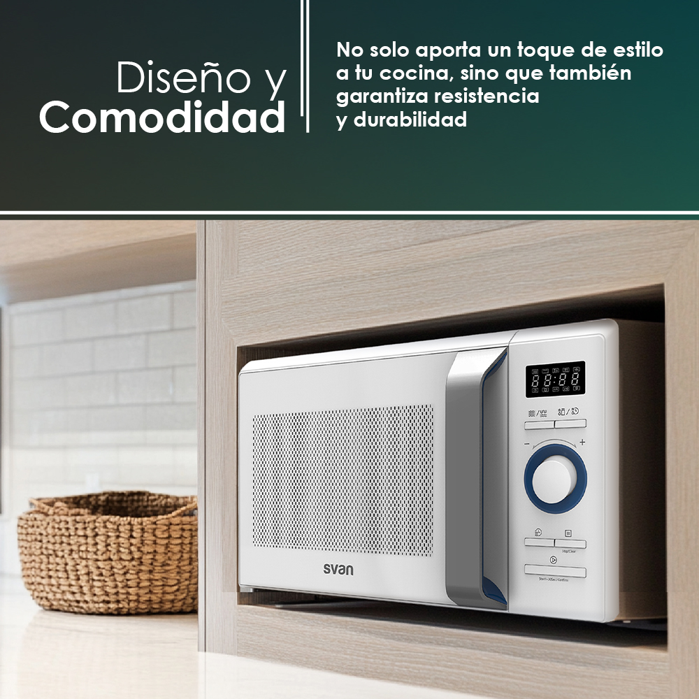 Microondas blanco empotrado en un armario, con una cesta de mimbre delante.
