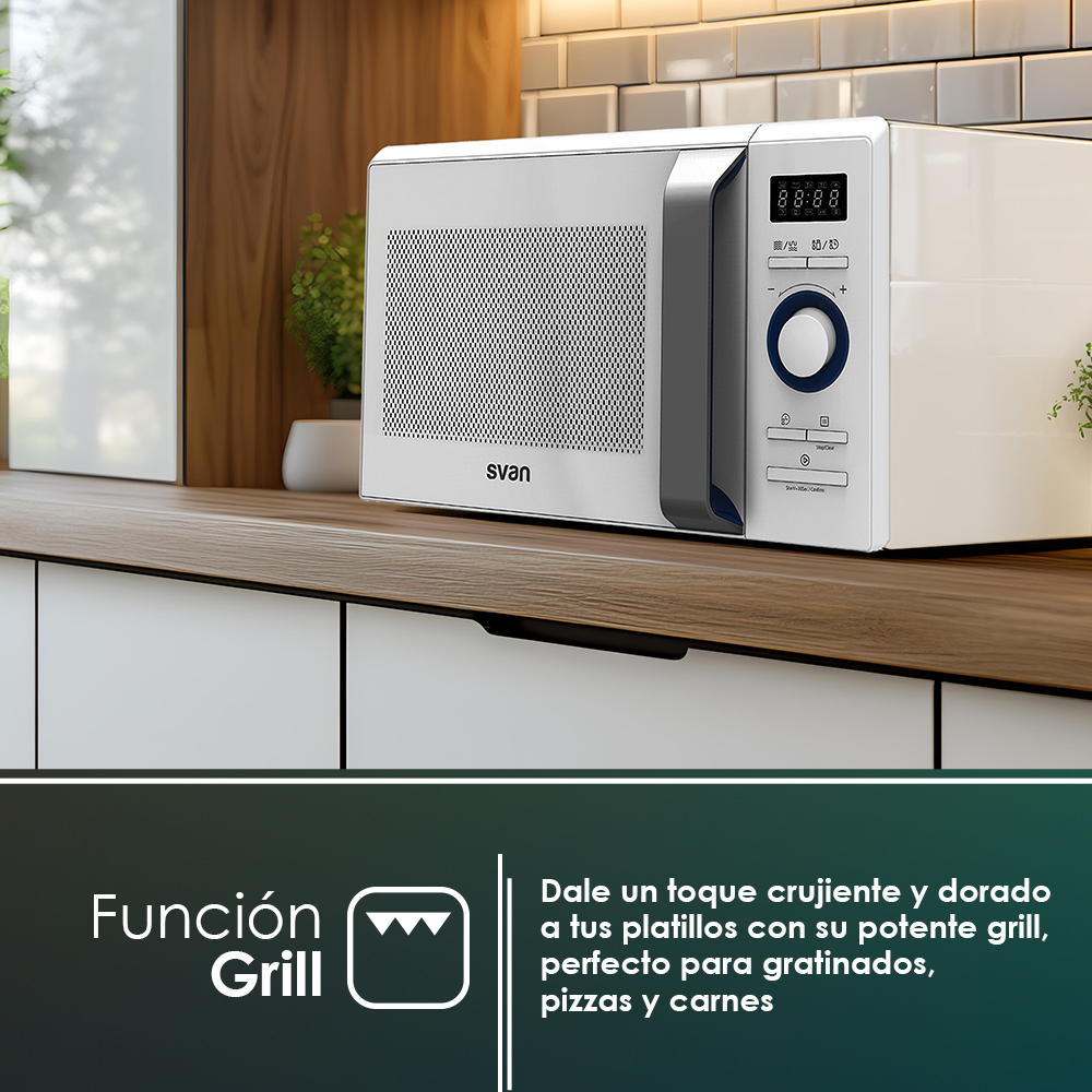 Un horno microondas blanco sobre una encimera, con un cuadro de texto sobre la función grill.