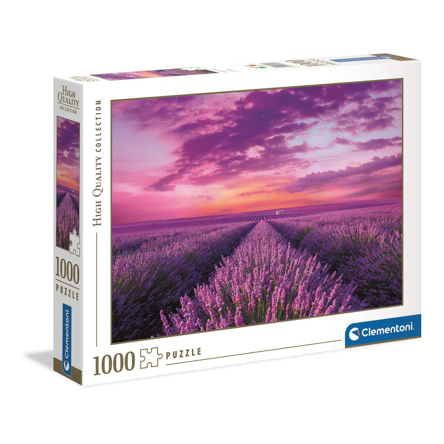Caja de rompecabezas que muestra un campo de lavanda bajo un cielo de atardecer.