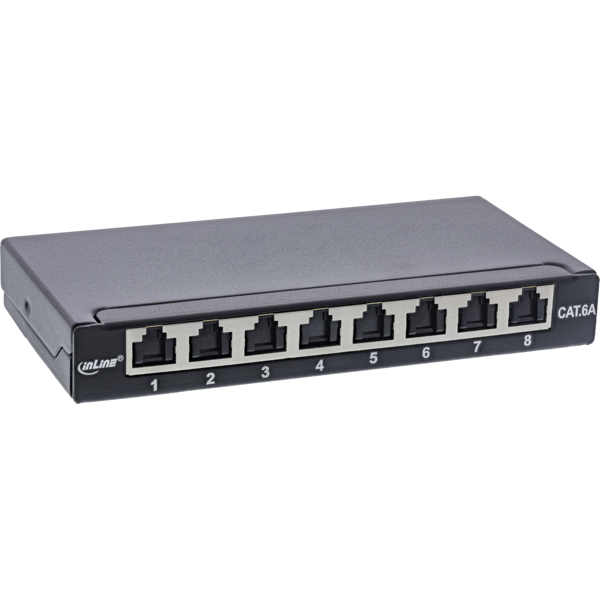 Pannello di connessione di rete nero con 8 porte. Porte etichettate 1-8. Etichetta 'CAT.6A' a destra, logo 'inLine' a sinistra.