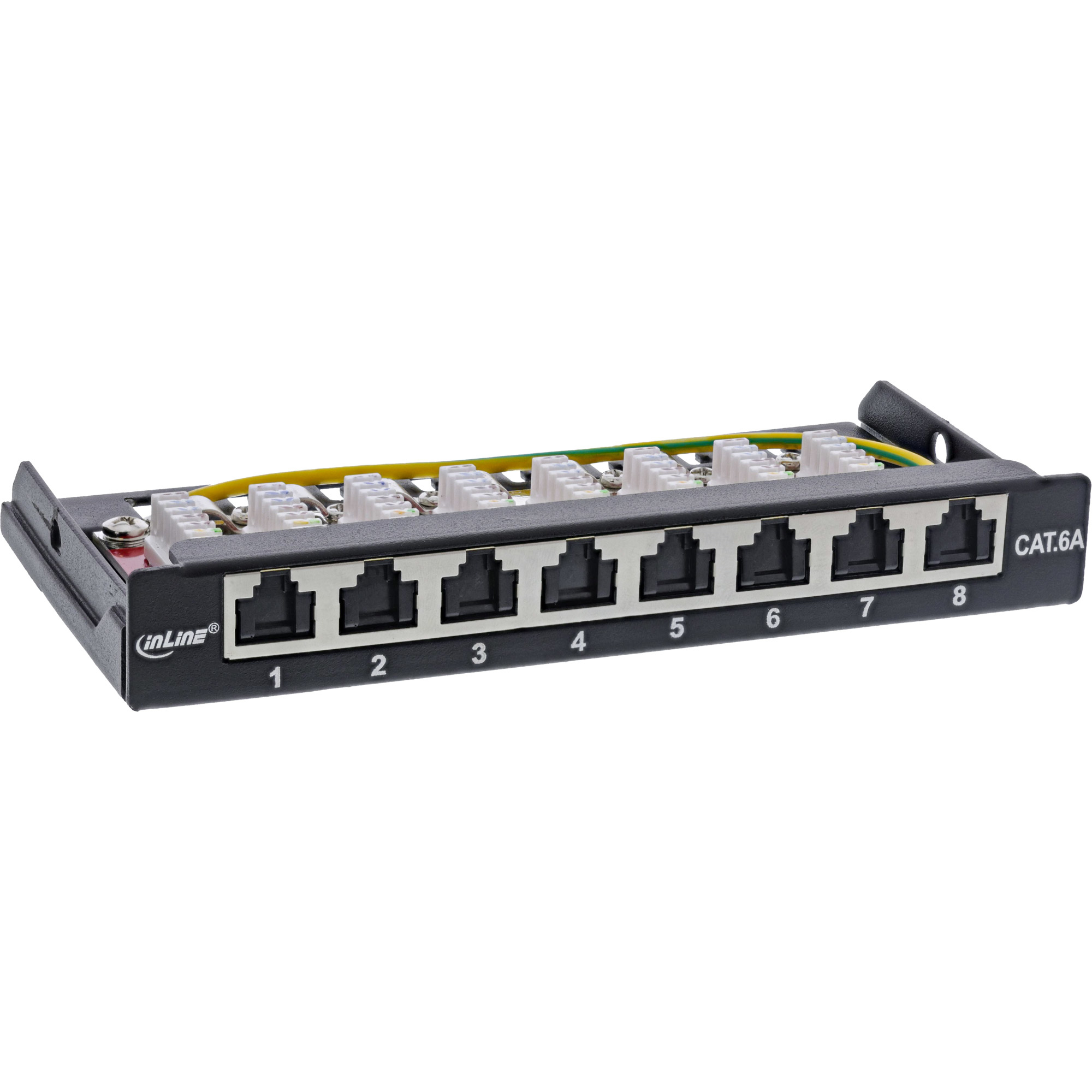 Pannello di rete nero con 8 porte numerate e connettori RJ45.
