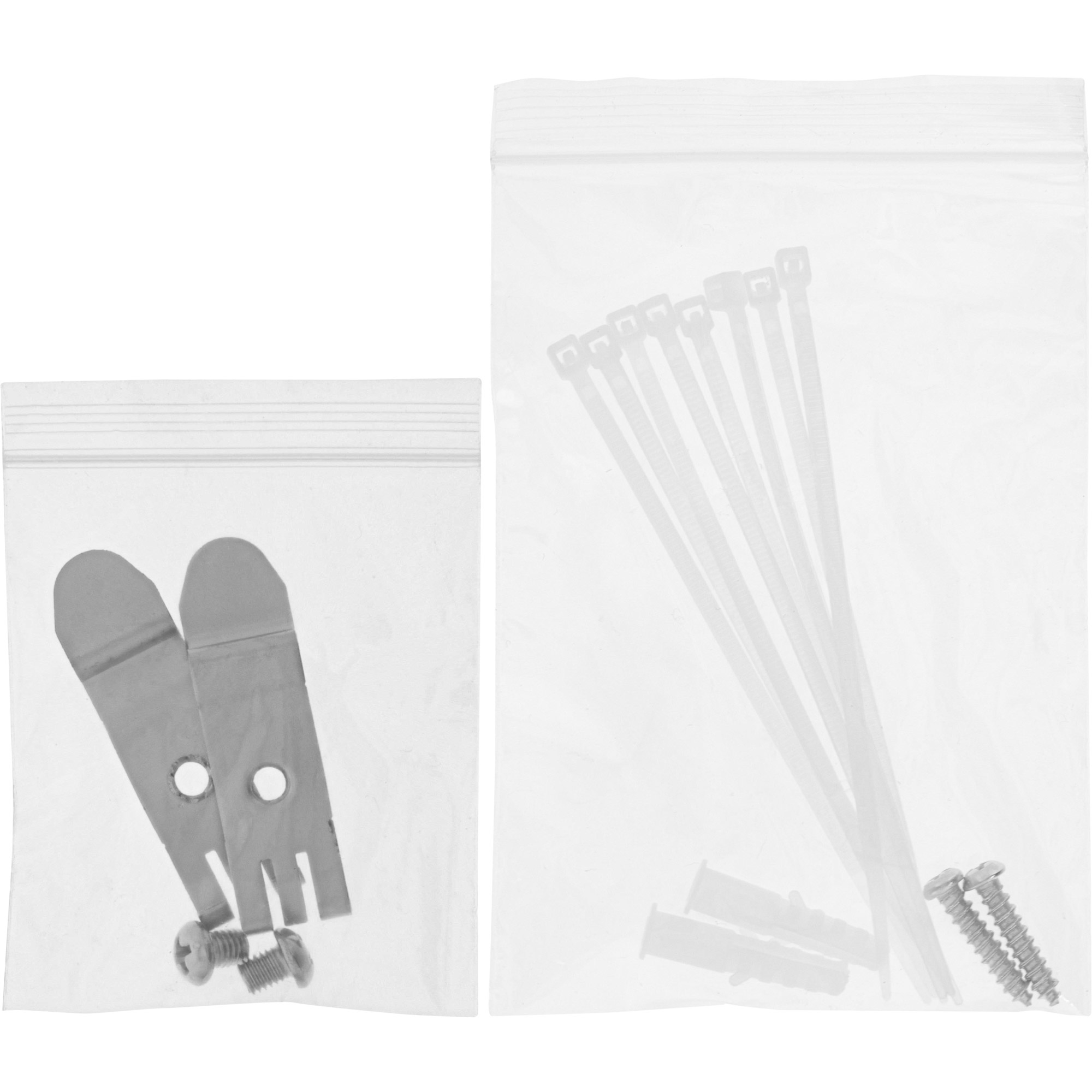 Due sacchetti di plastica con accessori: clip, viti e fascette.