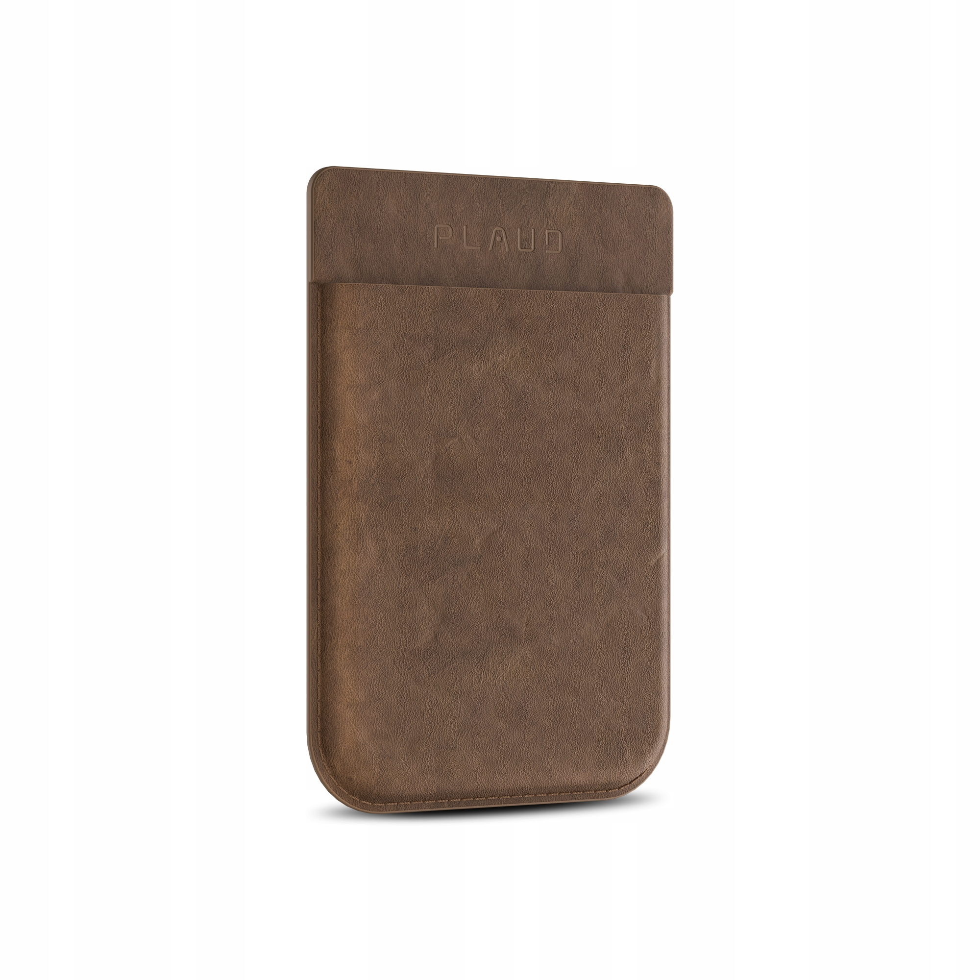 Brązowe skórzane etui na telefon. U góry napis 'PLAUD'. Na białym tle.