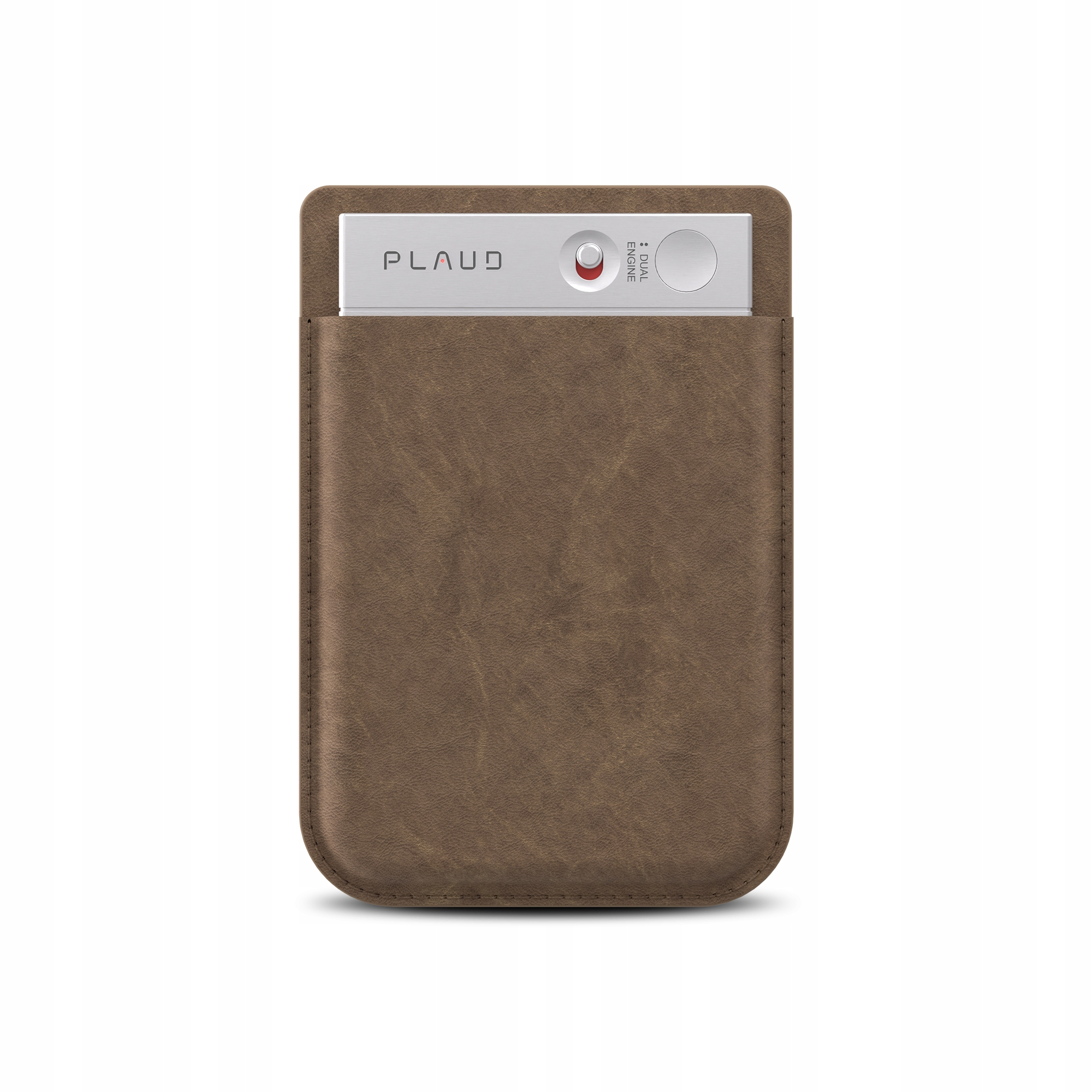 Brązowe skórzane etui trzymające srebrne urządzenie z czerwonym przyciskiem. Urządzenie ma tekst.