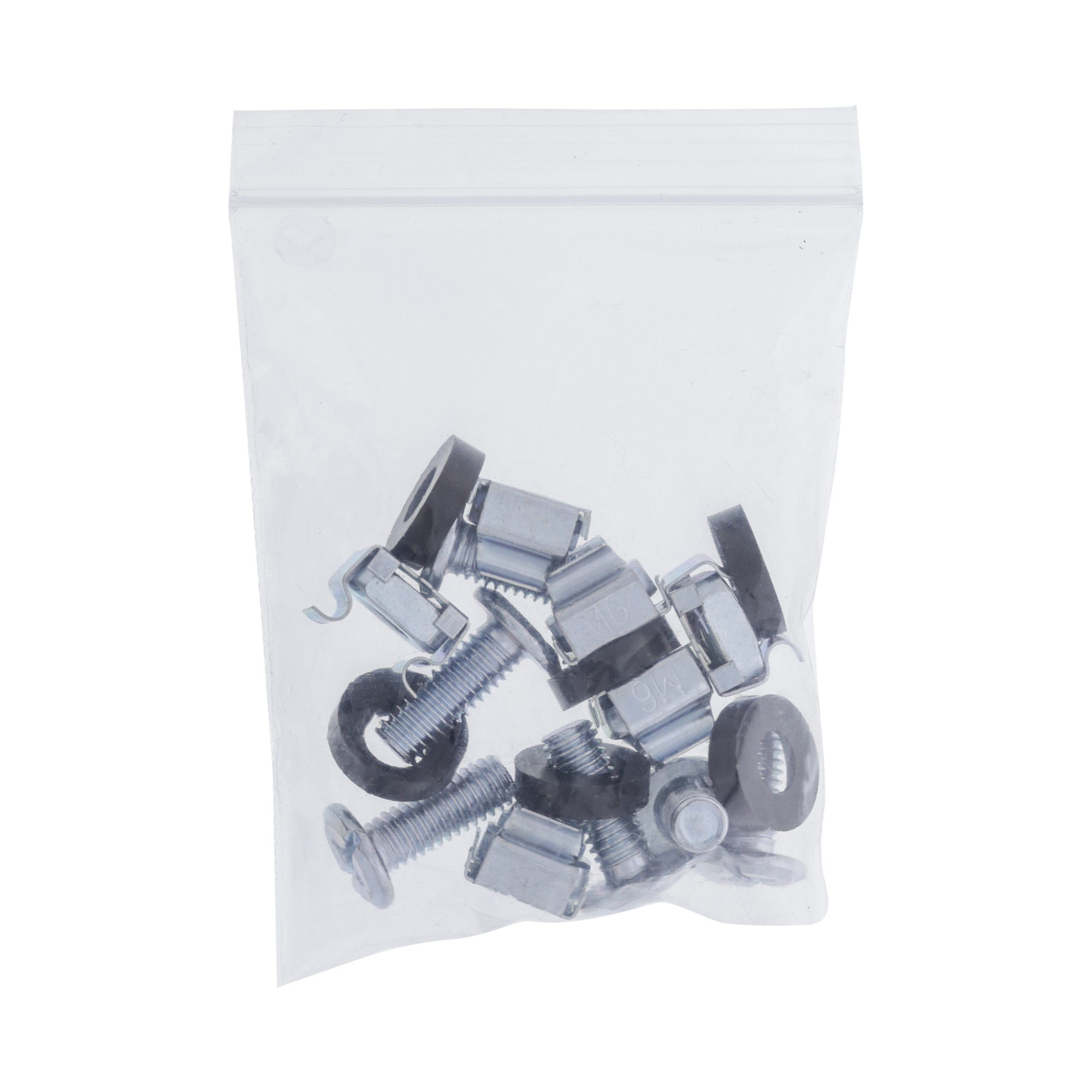 Un sacchetto di plastica trasparente pieno di varie viti, dadi e rondelle metalliche.