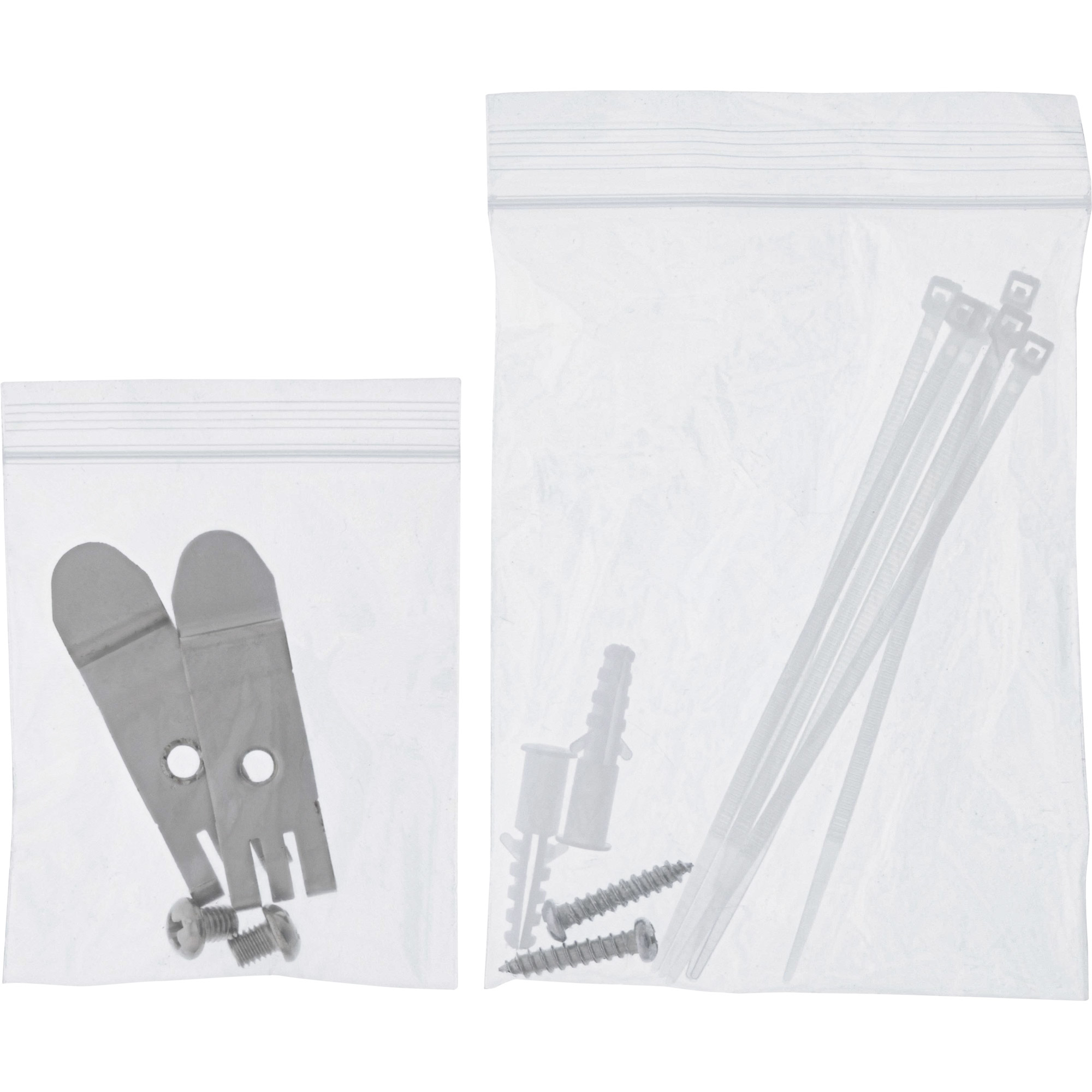 Dwie przezroczyste plastikowe torby. Jedna z metalowymi wspornikami i śrubami, druga z opaskami zaciskowymi i śrubami.