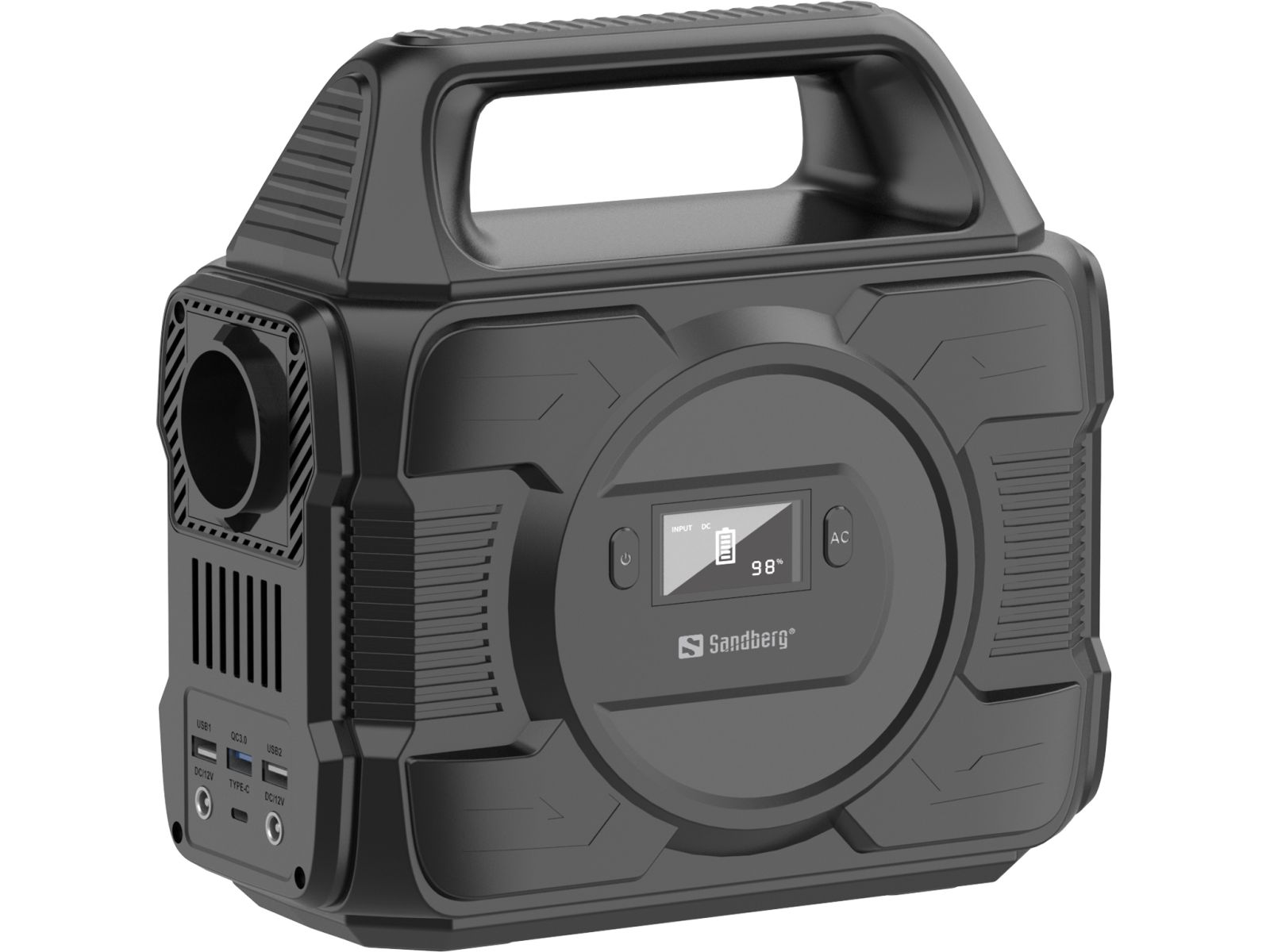 Czarno-szara przenośna stacja zasilania z cyfrowym wyświetlaczem. Posiada kilka portów i uchwyt.