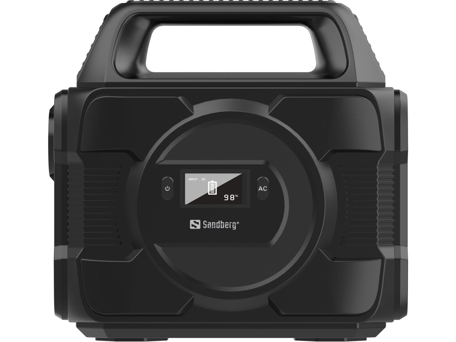 Czarna przenośna stacja zasilania z uchwytem, wyświetlaczem i przyciskami. Ikona baterii pokazuje 98% naładowania.