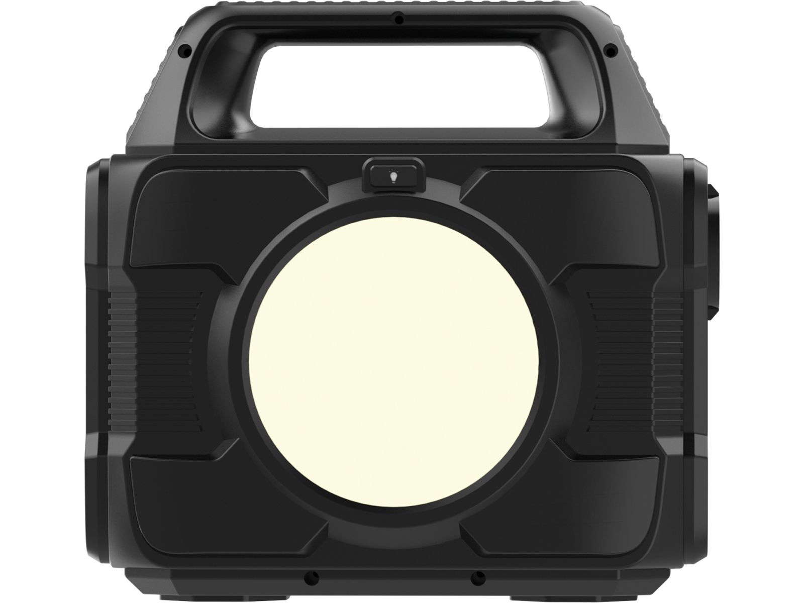 Czarna elektrownia z dużym białym światłem pośrodku i uchwytem u góry.