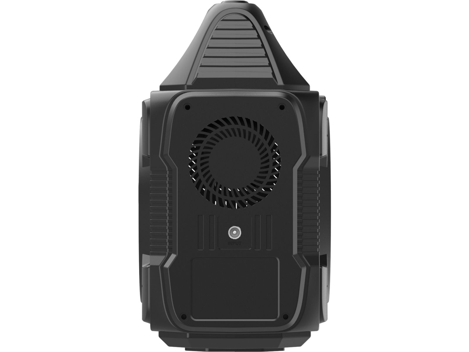 Czarna stacja zasilania, widok z tyłu. Posiada wentylator, port wejściowy i wiele portów. Prostokątny kształt z ukośną górą.