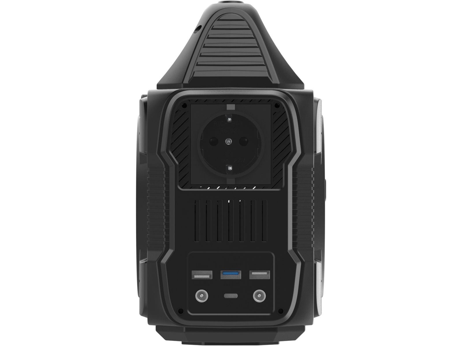 Czarna stacja zasilania. Widok z tyłu z portami i wentylatorem. Kątowa konstrukcja. Widoczne gniazda USB i zasilania. Wytrzymały wygląd.