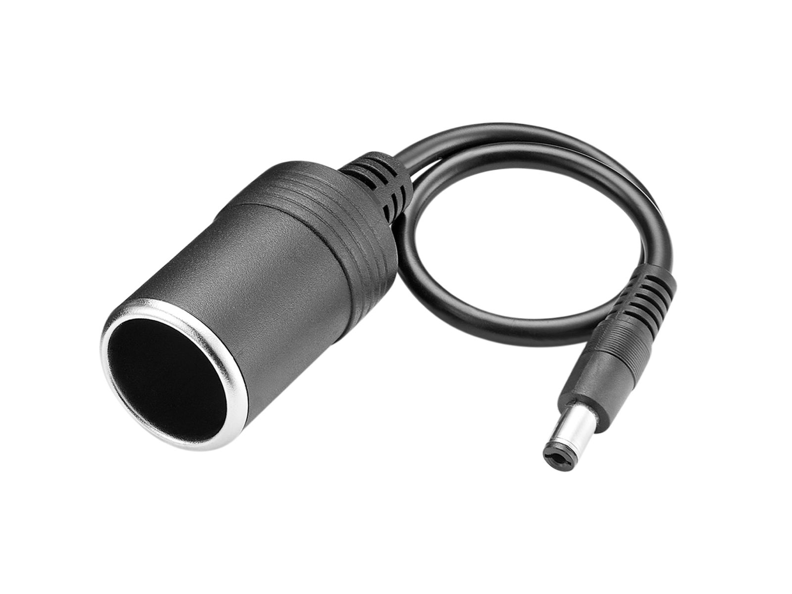 Czarny adapter samochodowy z gniazdem żeńskim i czarnym kablem z wtyczką.