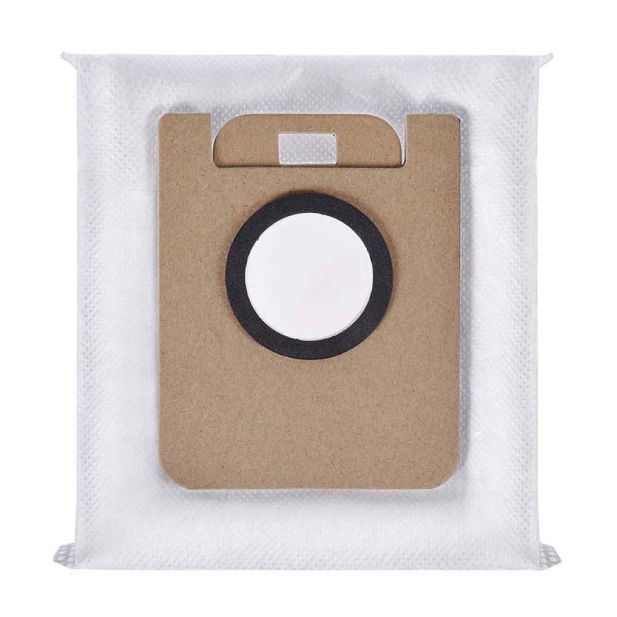 Sacco per aspirapolvere con cornice in cartone e filtro bianco.