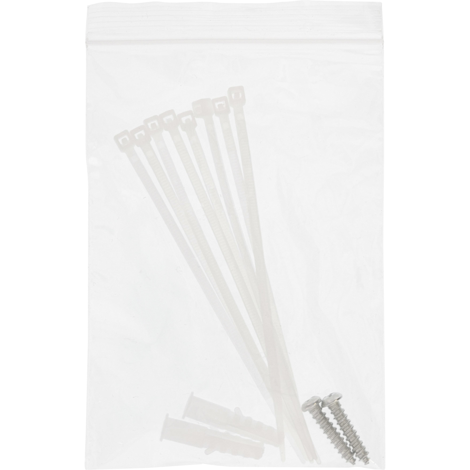 Un sacchetto di plastica trasparente contenente fascette bianche, viti e tasselli di plastica.