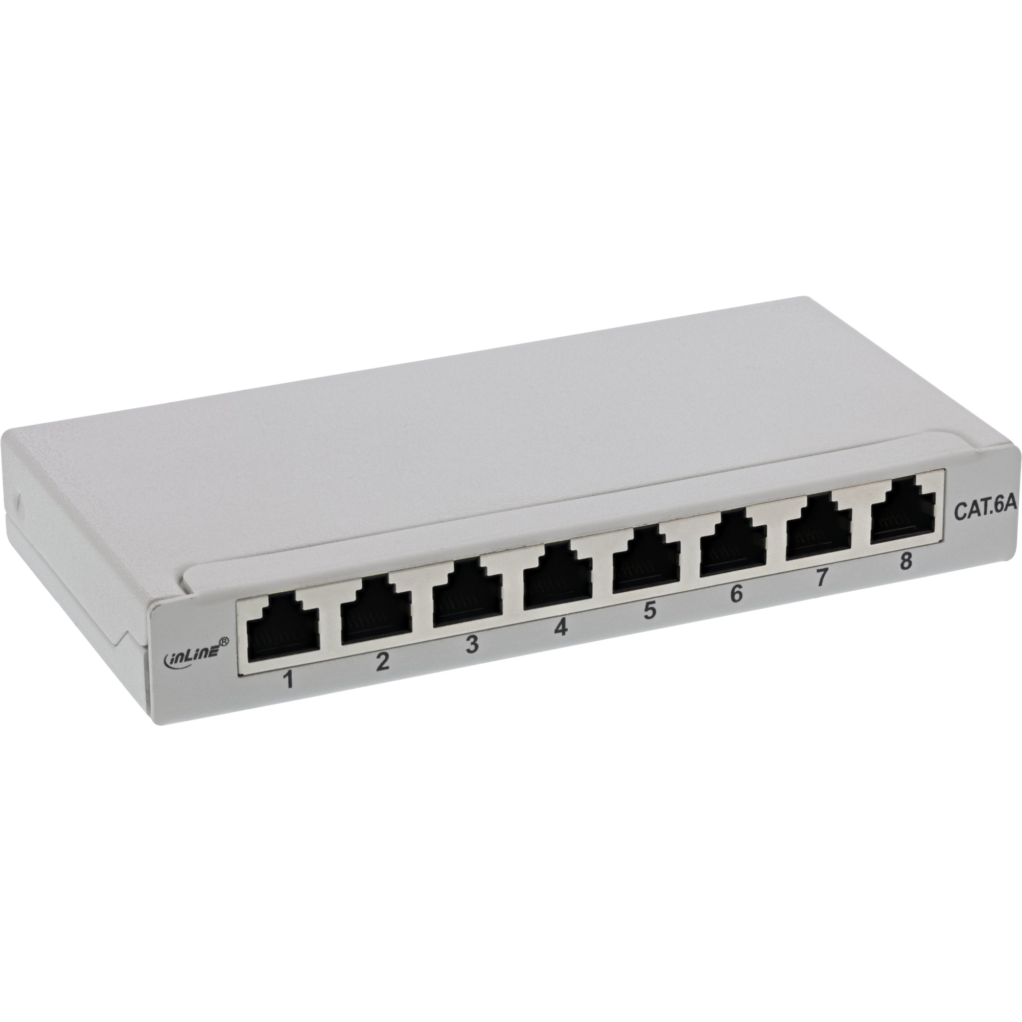 Pannello di permutazione di rete grigio con otto porte RJ45 etichettate da 1 a 8. L'etichetta CAT.6A è visibile.