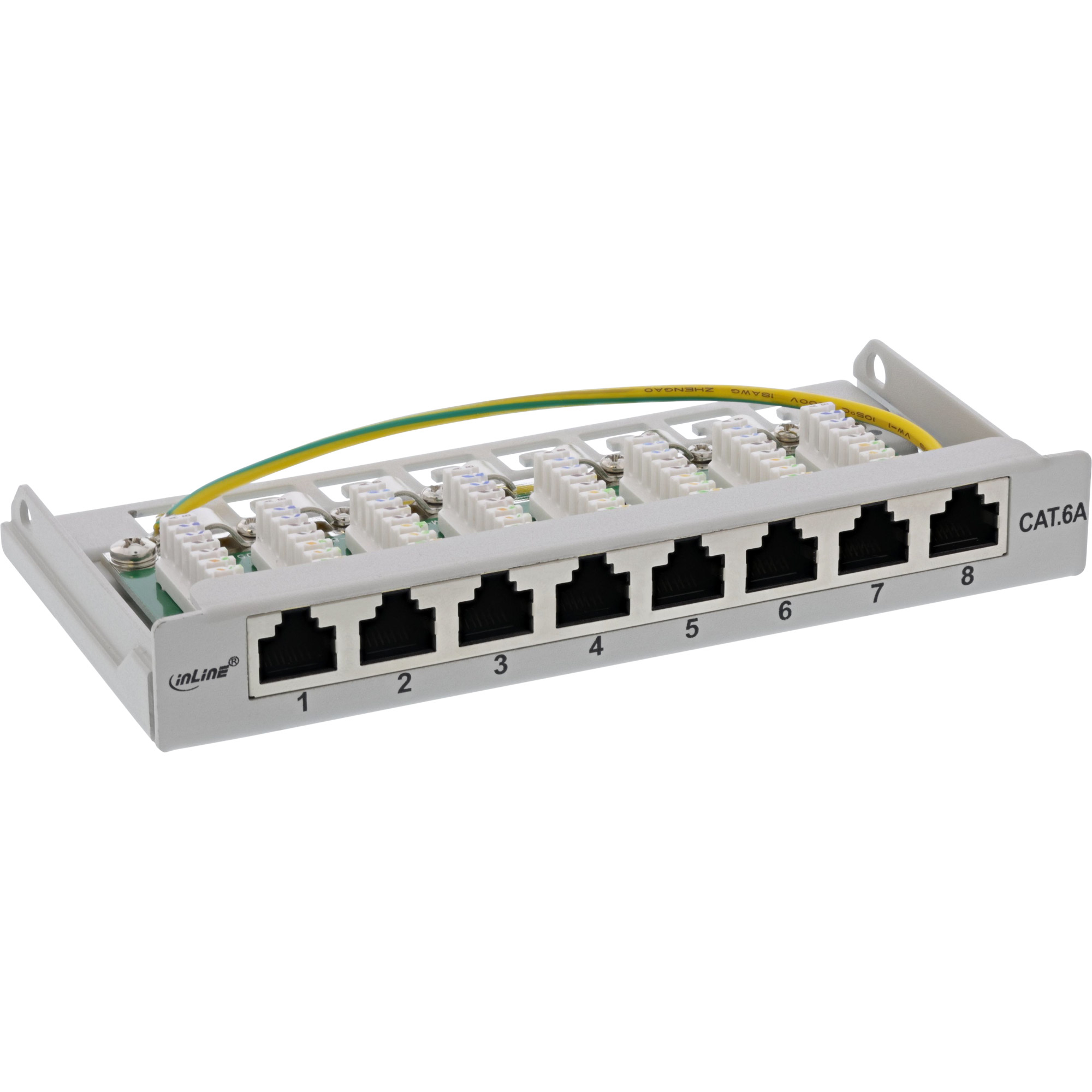 Un pannello di permutazione di rete grigio con otto porte Ethernet nere etichettate 1-8.