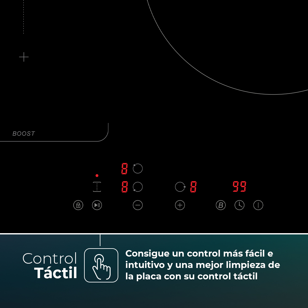 Primer plano de una placa negra con controles digitales y la palabra 'Control Táctil'.