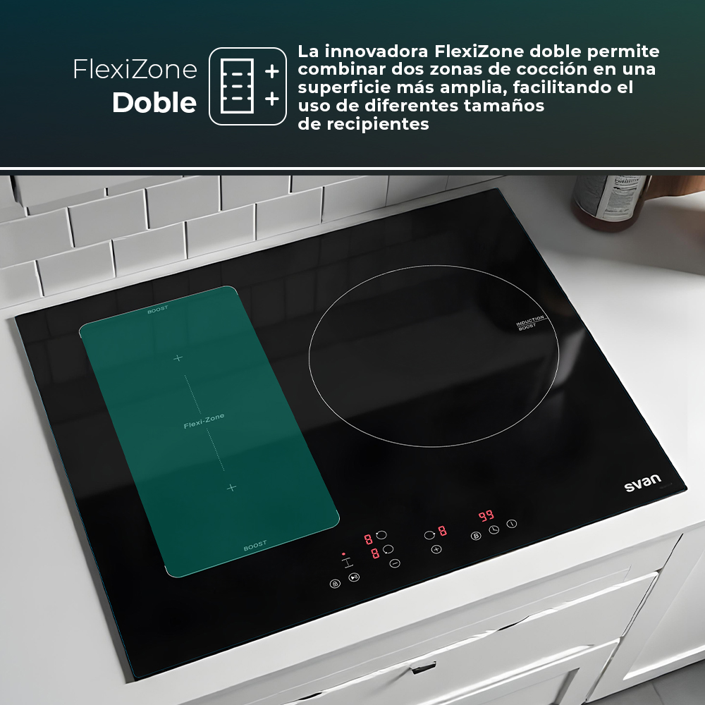 Placa de inducción negra con zona verde resaltada y el texto 'FlexiZone Doble'.