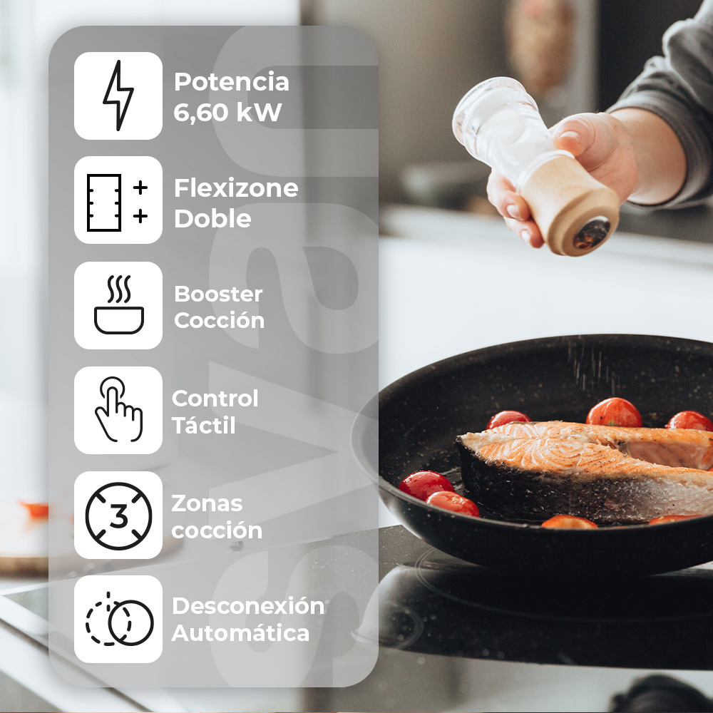 Una mano espolvorea sal sobre salmón cocinándose en una sartén. Iconos con texto muestran características.