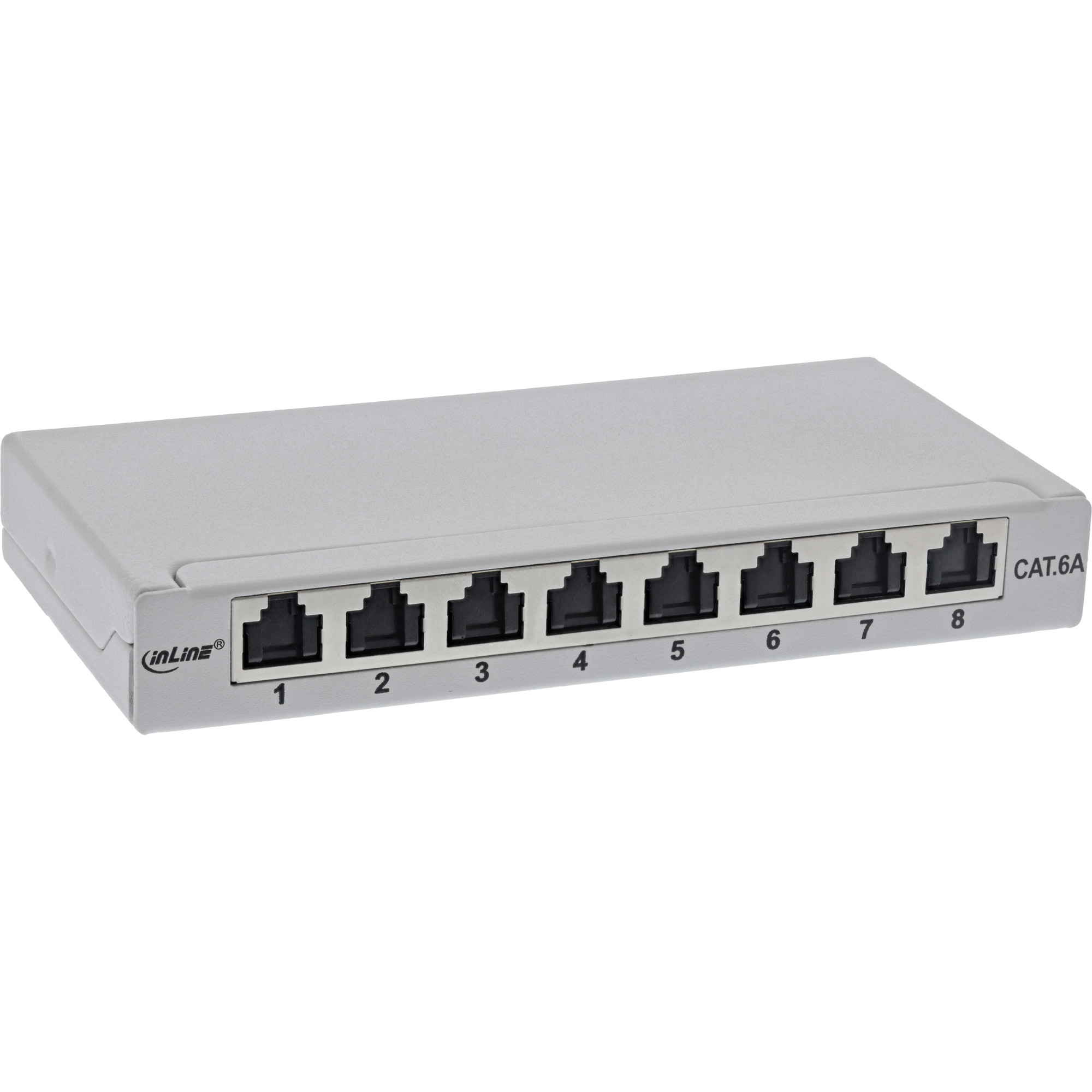 Un pannello di permutazione di rete grigio con otto porte Ethernet nere etichettate 1-8.
