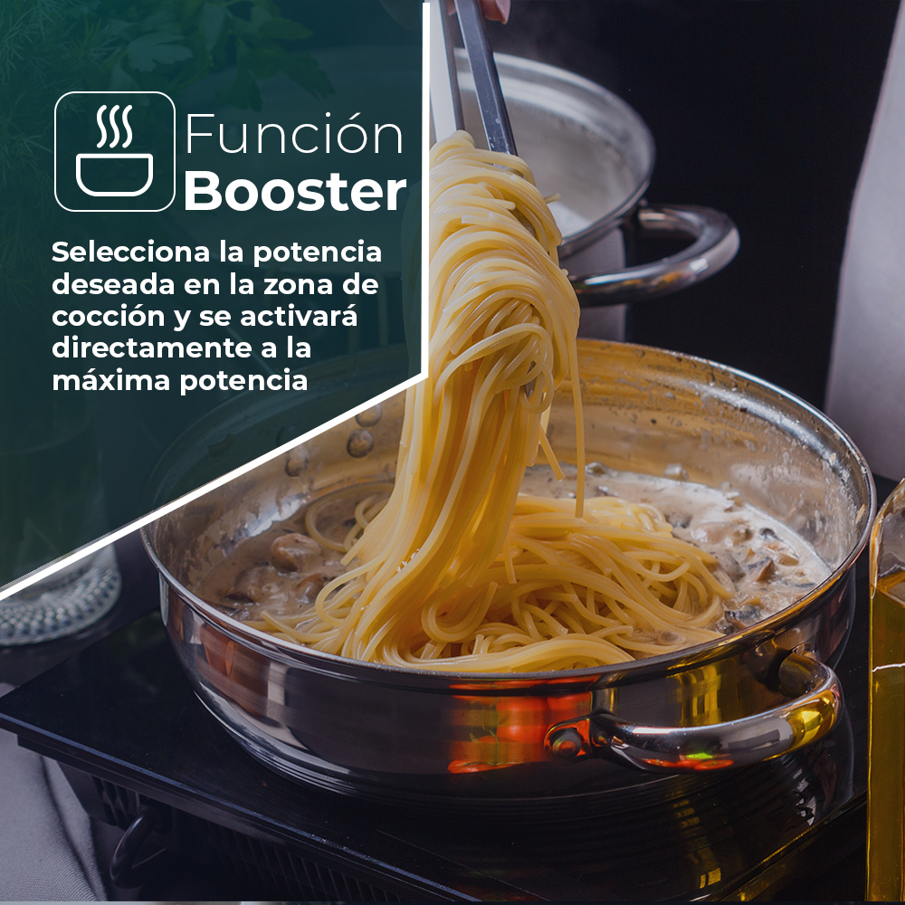 Espaguetis siendo levantados de una sartén con salsa blanca. Texto: 'Función Booster'.