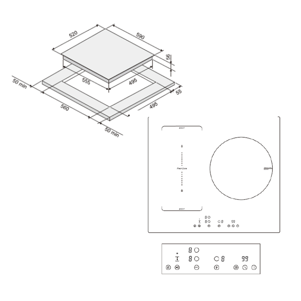 Vista superior de una placa de inducción blanca con dimensiones indicadas en mm.