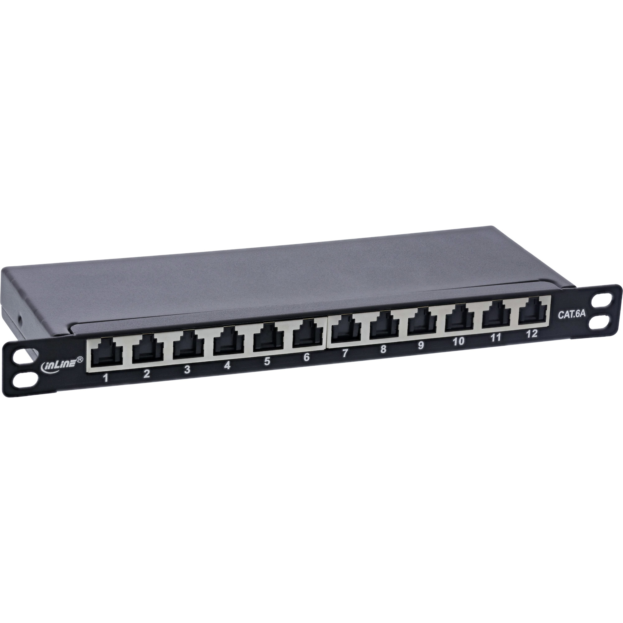Un pannello di rete nero con 12 porte RJ45 etichettate 1-12. Il pannello ha due fori di montaggio.