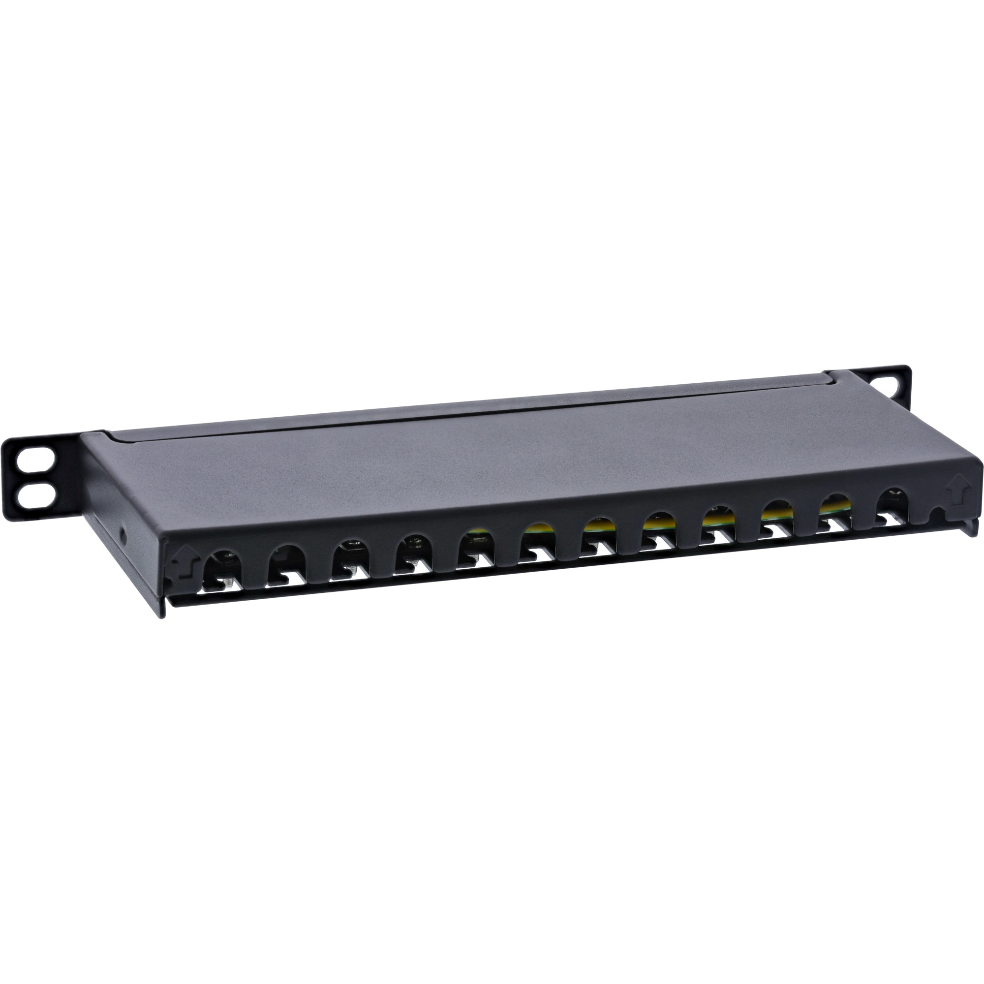 Un pannello di rete nero con 12 porte RJ45. Il pannello ha due fori di montaggio su ciascun lato.