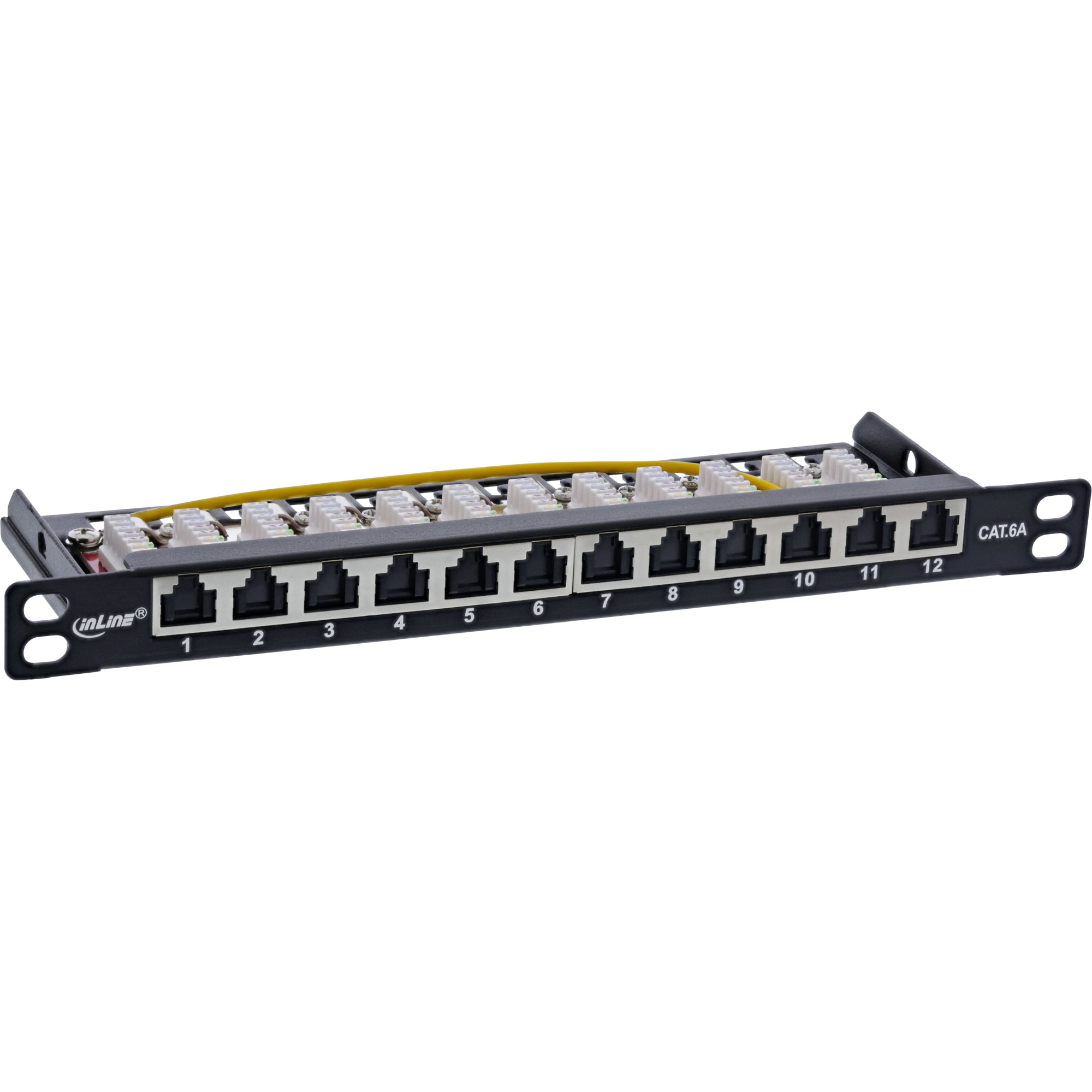 Un pannello di rete nero con 12 porte RJ45. Il pannello ha connettori bianchi e un filo giallo.