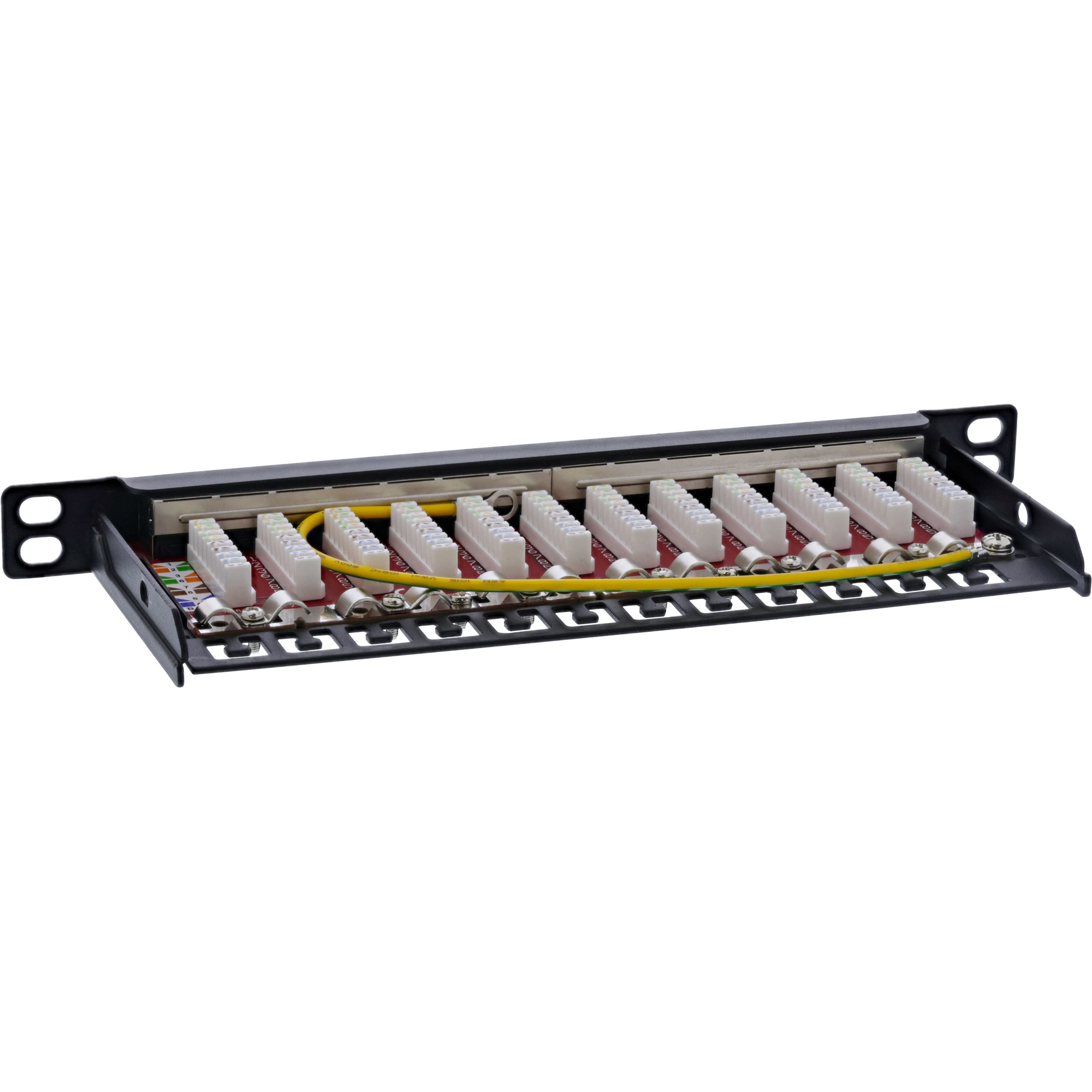 Pannello di rete nero con 12 porte RJ45, circuito stampato rosso, connettori bianchi e filo giallo.