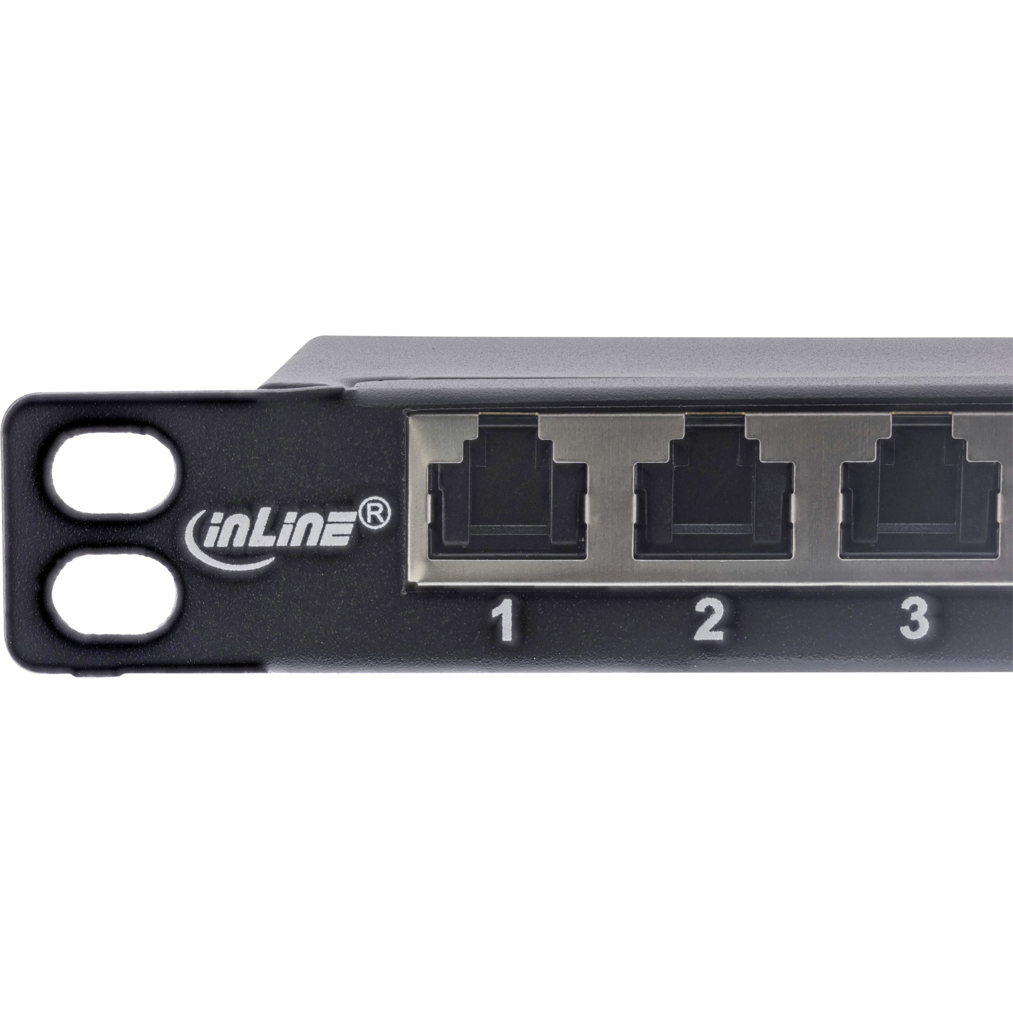Primo piano di un pannello di rete nero con tre porte RJ45 etichettate 1, 2 e 3. Il logo è visibile.