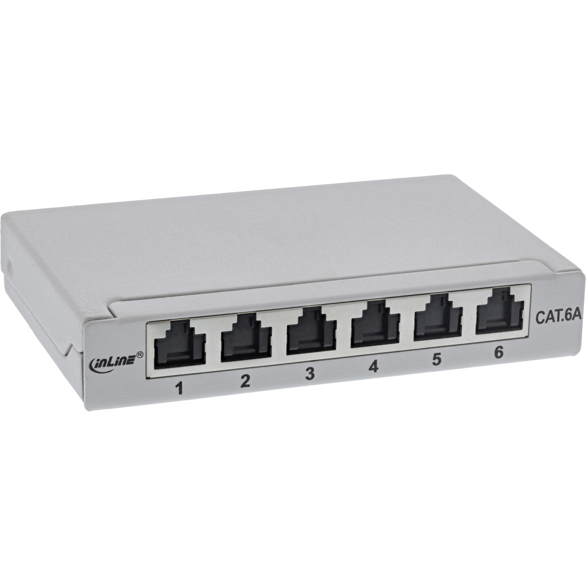 Uno splitter di rete grigio con sei porte RJ45 numerate.