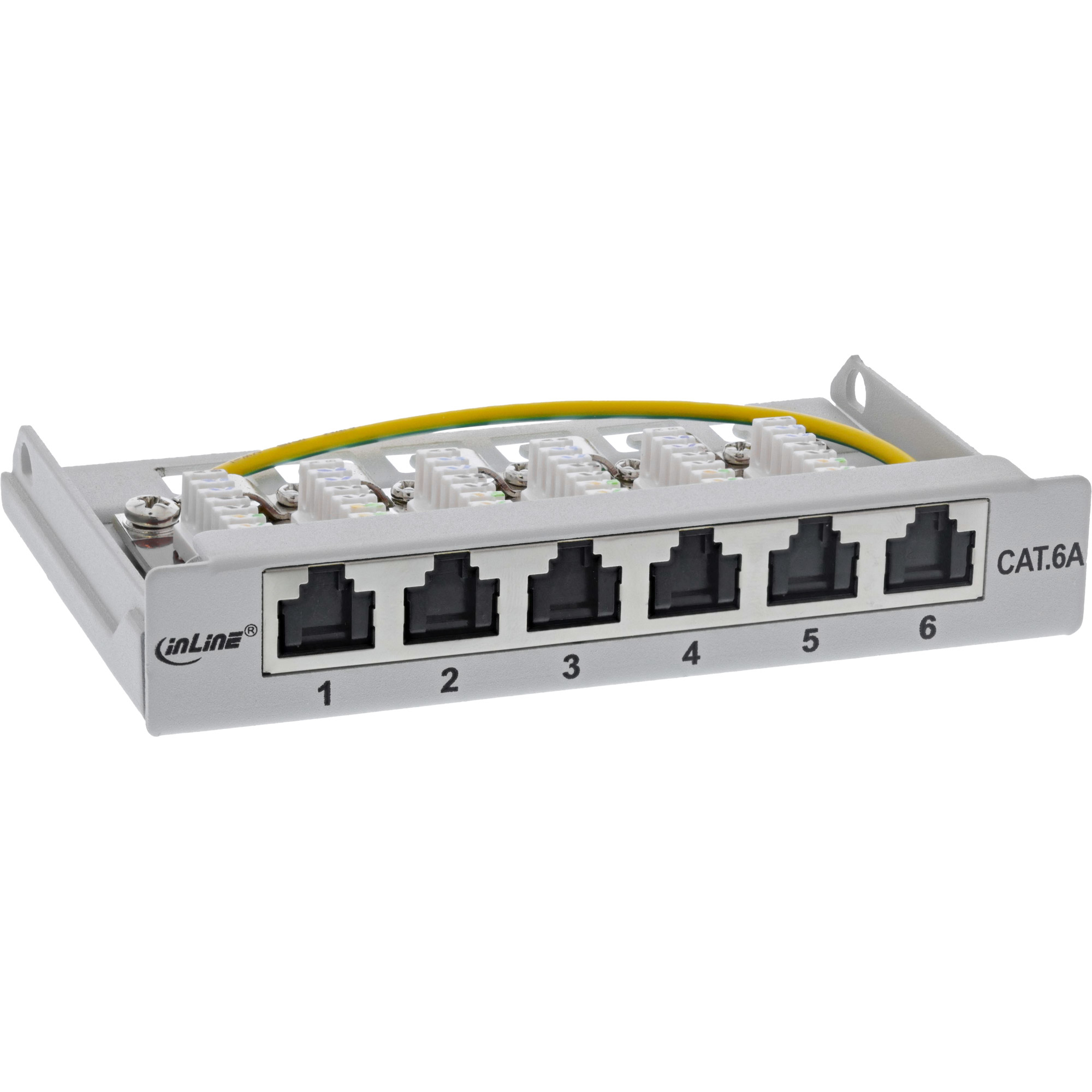 Un pannello di rete nero con 6 porte RJ45 etichettate 1-6. Ha connettori bianchi e un filo giallo.