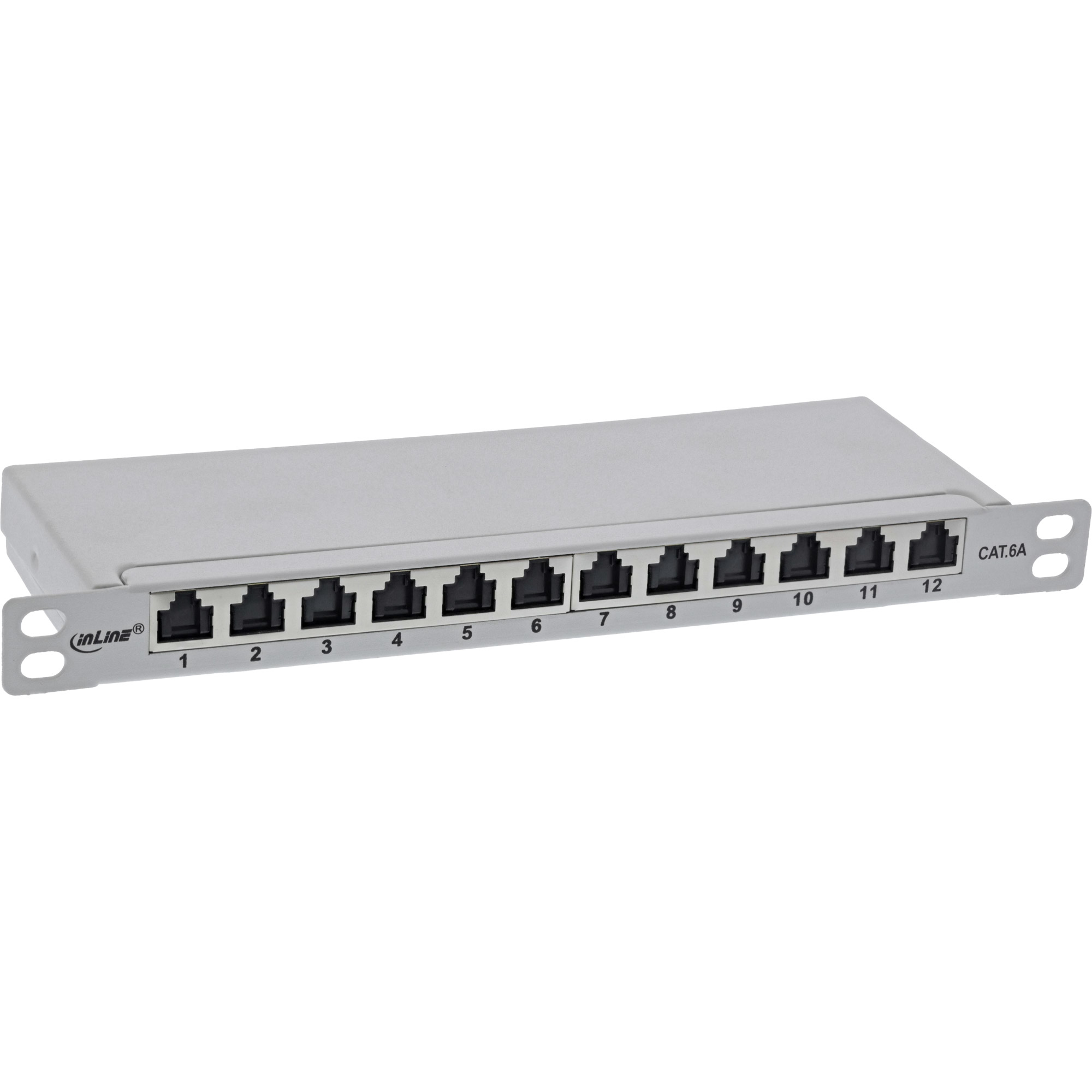 Un pannello patch grigio con dodici porte RJ45 numerate, progettato per connessioni di rete.