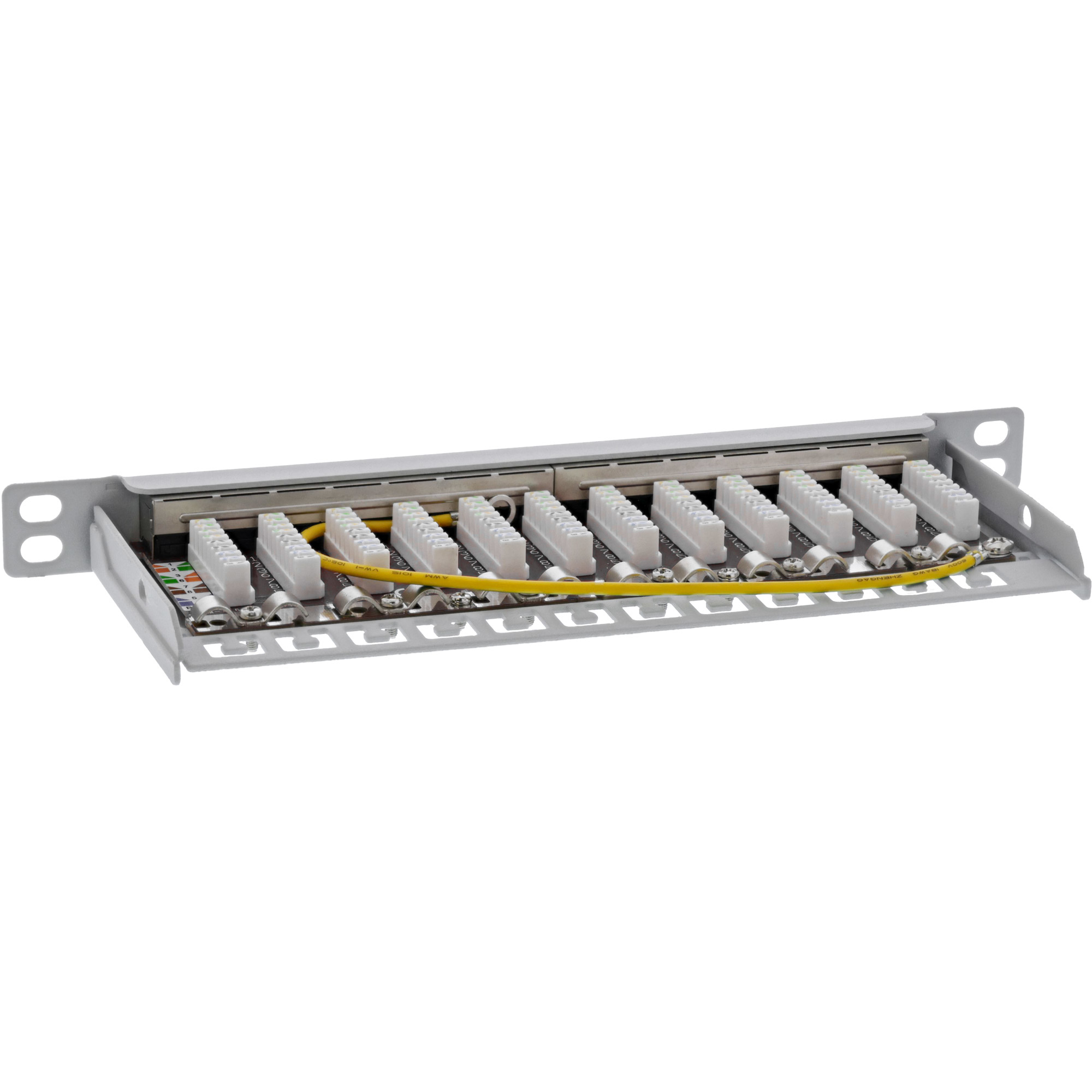 Pannello metallico grigio con diverse porte di connessione bianche. Cavi gialli visibili, sfondo bianco.