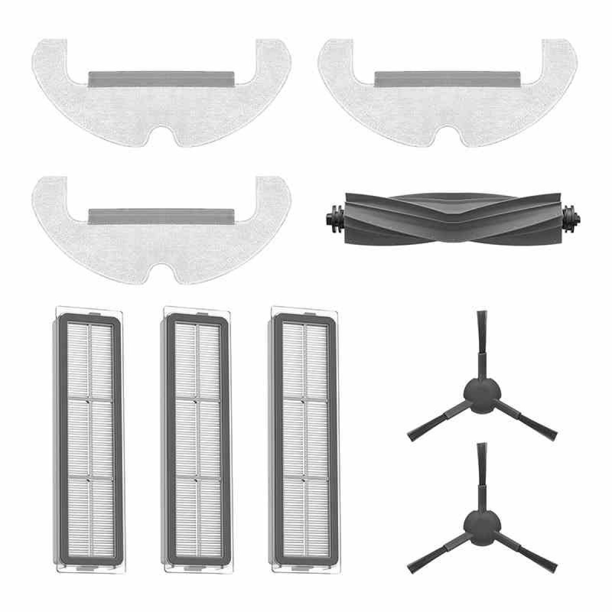 Accessori per robot aspirapolvere: filtri, spazzole e panni per la pulizia, tutto in bianco e grigio su sfondo bianco.