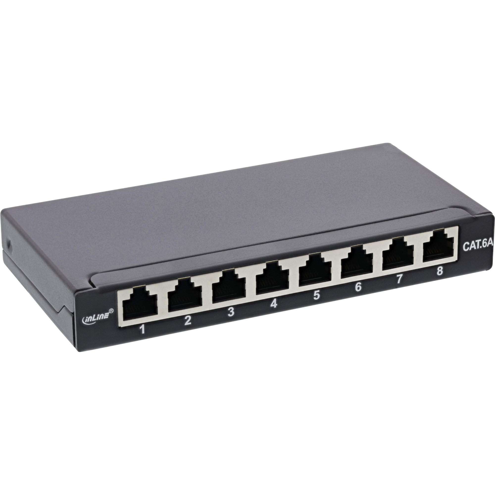 Switch di rete nero con 8 porte. Le porte sono numerate da 1 a 8.