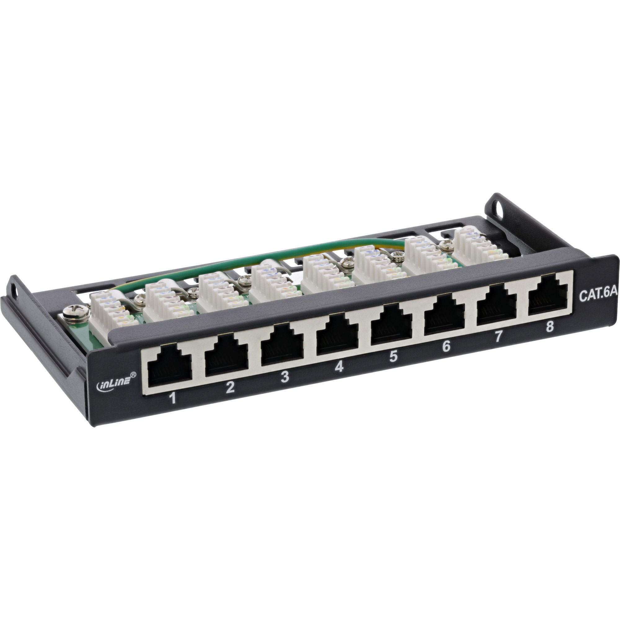 Switch di rete nero con 8 porte e connettori. Porte numerate da 1 a 8.