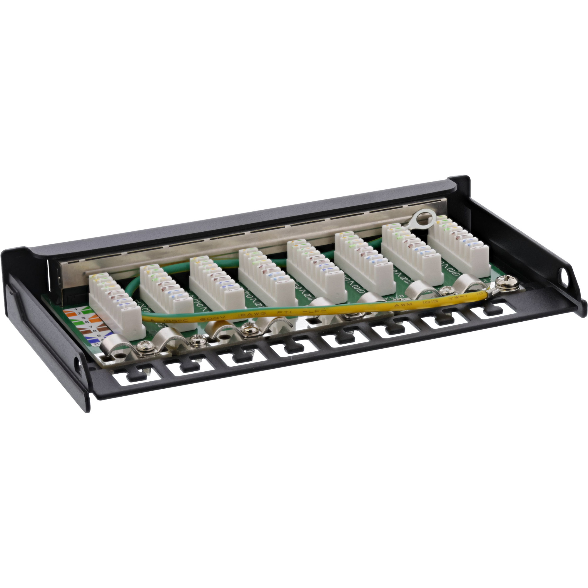 Switch di rete nero con 8 porte e connettori. Porte numerate da 1 a 8.