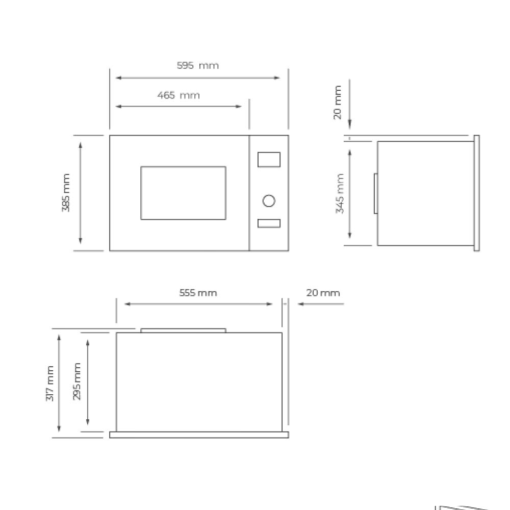 Dibujo técnico de un horno microondas con dimensiones en milímetros.