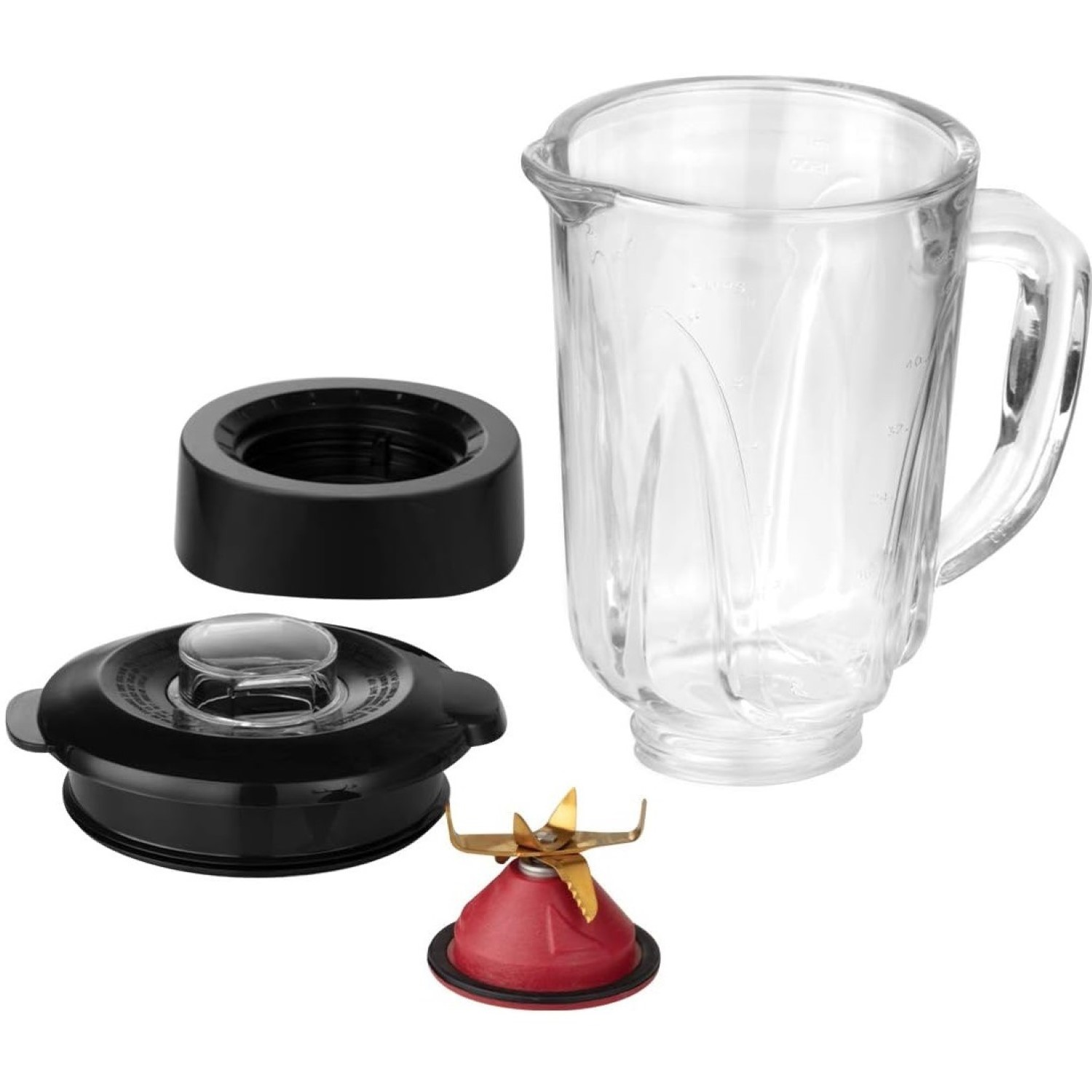 Blenderteile: Glaskanne, schwarzer Deckel, schwarze Basis, rotes und goldenes Klingenteil.