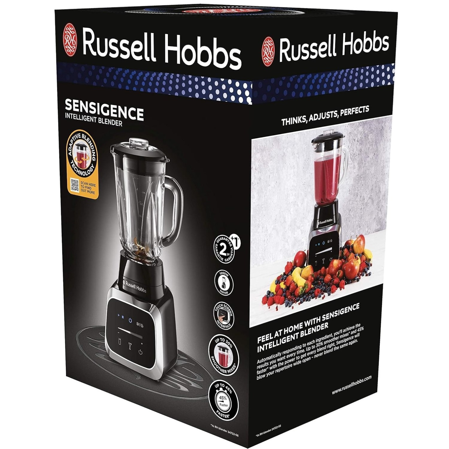 Blender-Box mit Blender-Bild, Früchten und Text. Schwarzer Hintergrund, mehrere Winkel.