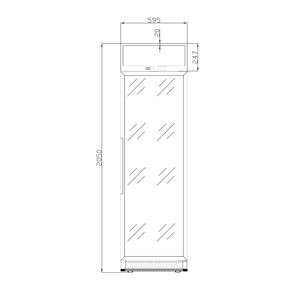 Vista frontal de un refrigerador blanco, dimensiones y etiquetas en el lateral. Fondo blanco.