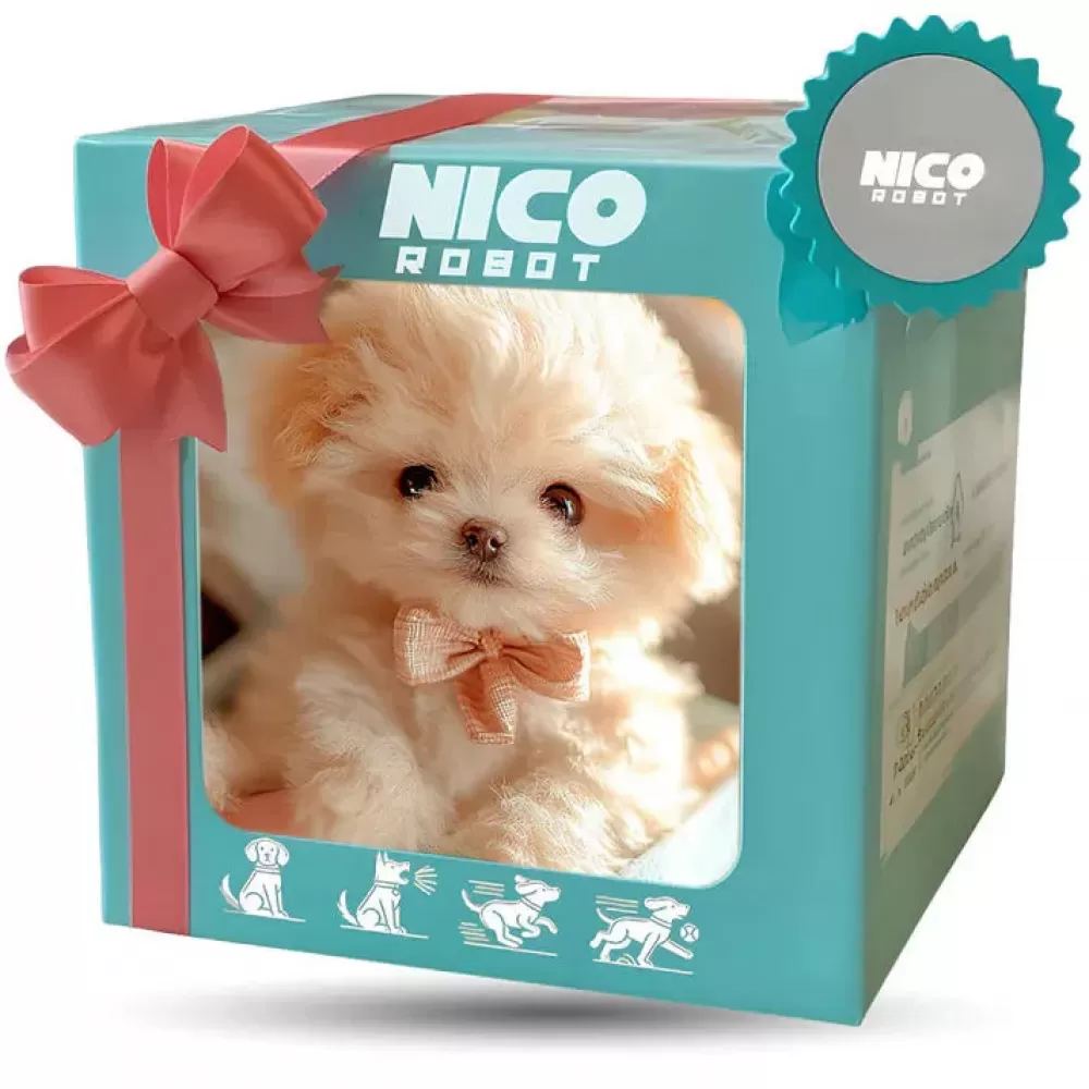Ein Welpe in einer Box mit Schleife, die Box sagt 'NICO ROBOT' und hat Hunde-Illustrationen.
